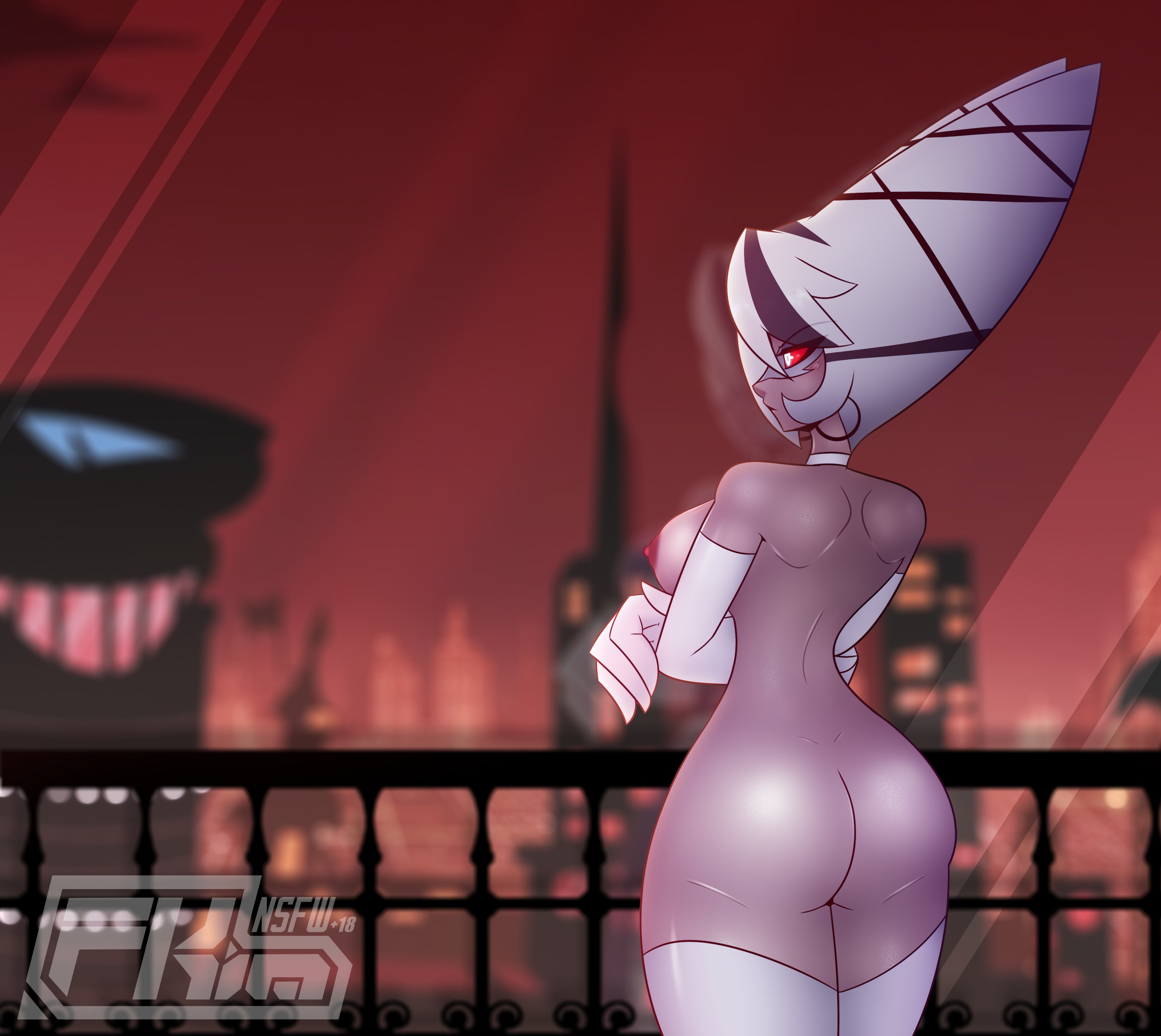 1girls, ass, big ass, black lips, blush, breasts, breasts out, carmilla carmine, colored, exhibitionism, female, female focus, female only, fkimnsfw, grey body, grey skin, hazbin hotel, lips, long hair, long-haired female, naked, naked female, nipples, no bra, nude, nude female, public exposure, red nipples, solo, solo female, solo focus, thick thighs, topless, topless female
