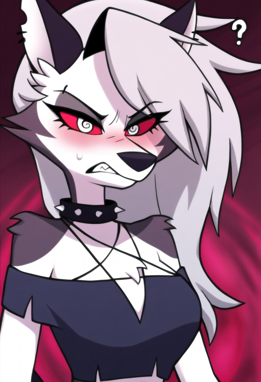 ai_generated angry angry_expression angry_eyes angry_face anthro anthro_only cookie-girl ear_piercing eyebrow_piercing grey_fur hypnosis loona_(helluva_boss) mind_control question_mark questionable_consent red_dress red_eyes safe_for_work simple_background spiked_collar spiral_eyes tail white_fur white_hair wolf_ears wolf_girl wolf_humanoid wolf_tail