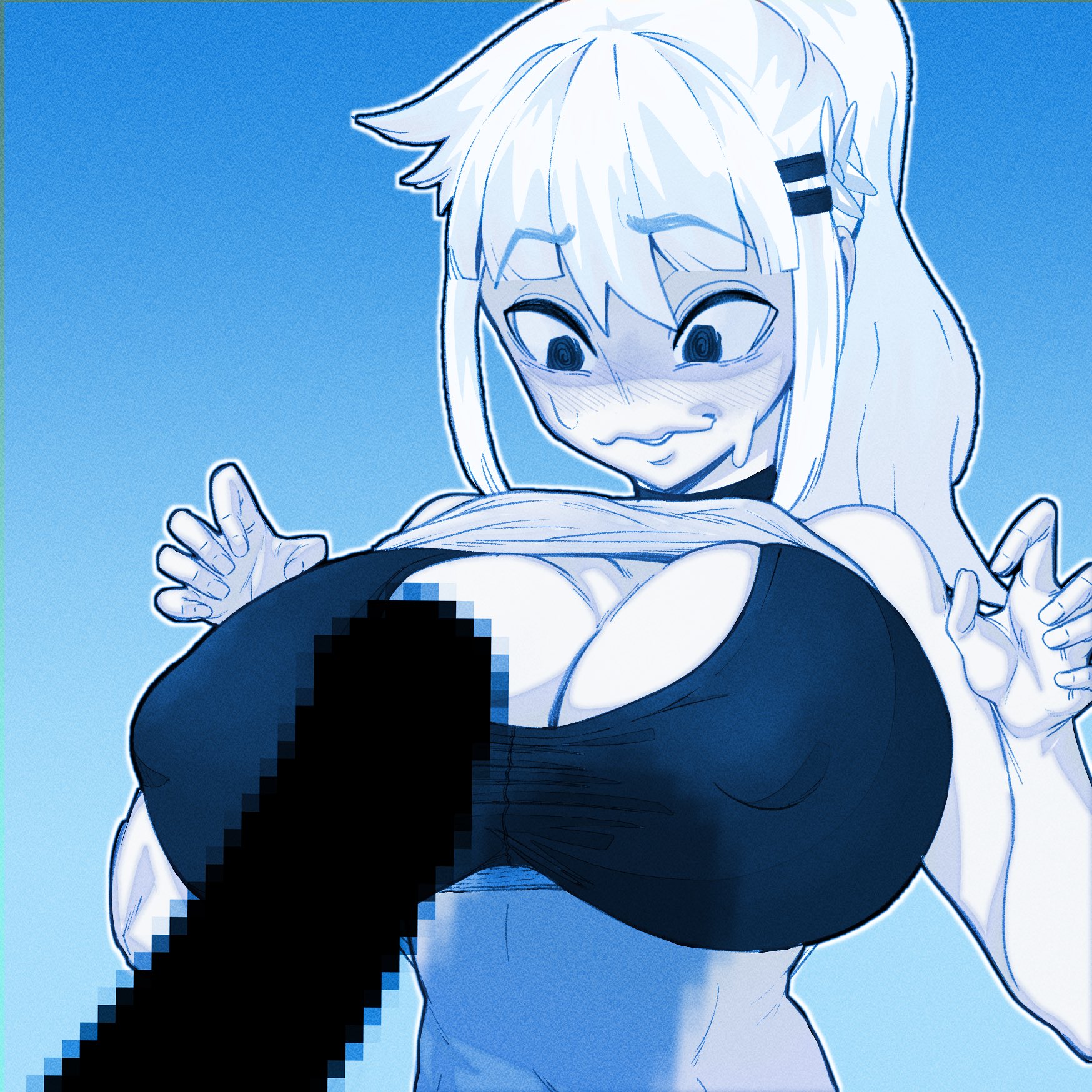 1boy, 1girls, big breasts, blush, blush lines, breasts, commonartistxxx, female, male, oc, original character, ponytail, reverie (dizzyspells), sports bra, white hair