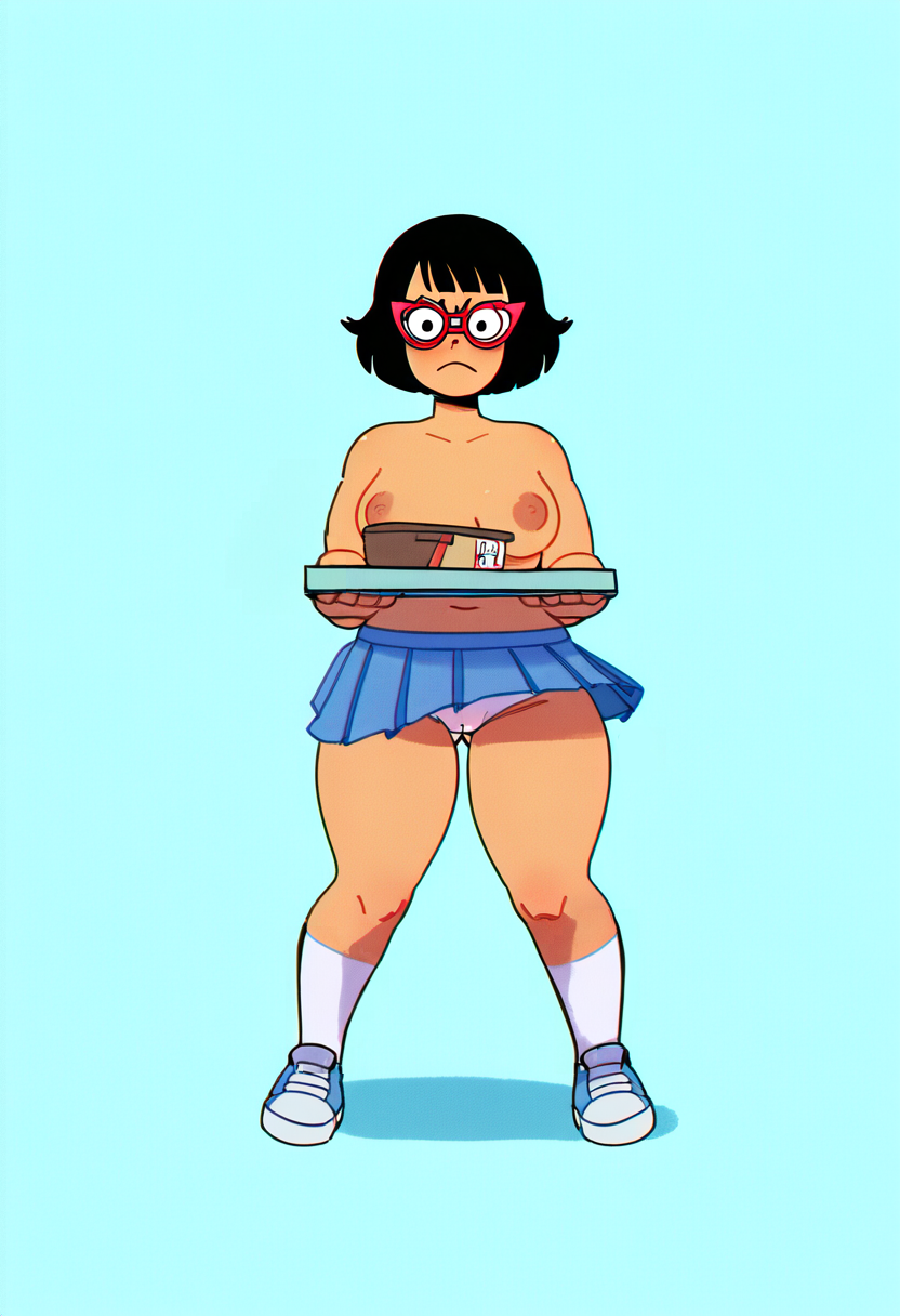 20th_century_fox adult_swim aged_up ai_generated blooboo bob&#039;s_burgers bob_cut cameltoe chubby_female female female_only frown glasses panties pink_panties serving_food serving_tray skirt skirt_up sneakers socks tina_belcher topless underwear upskirt