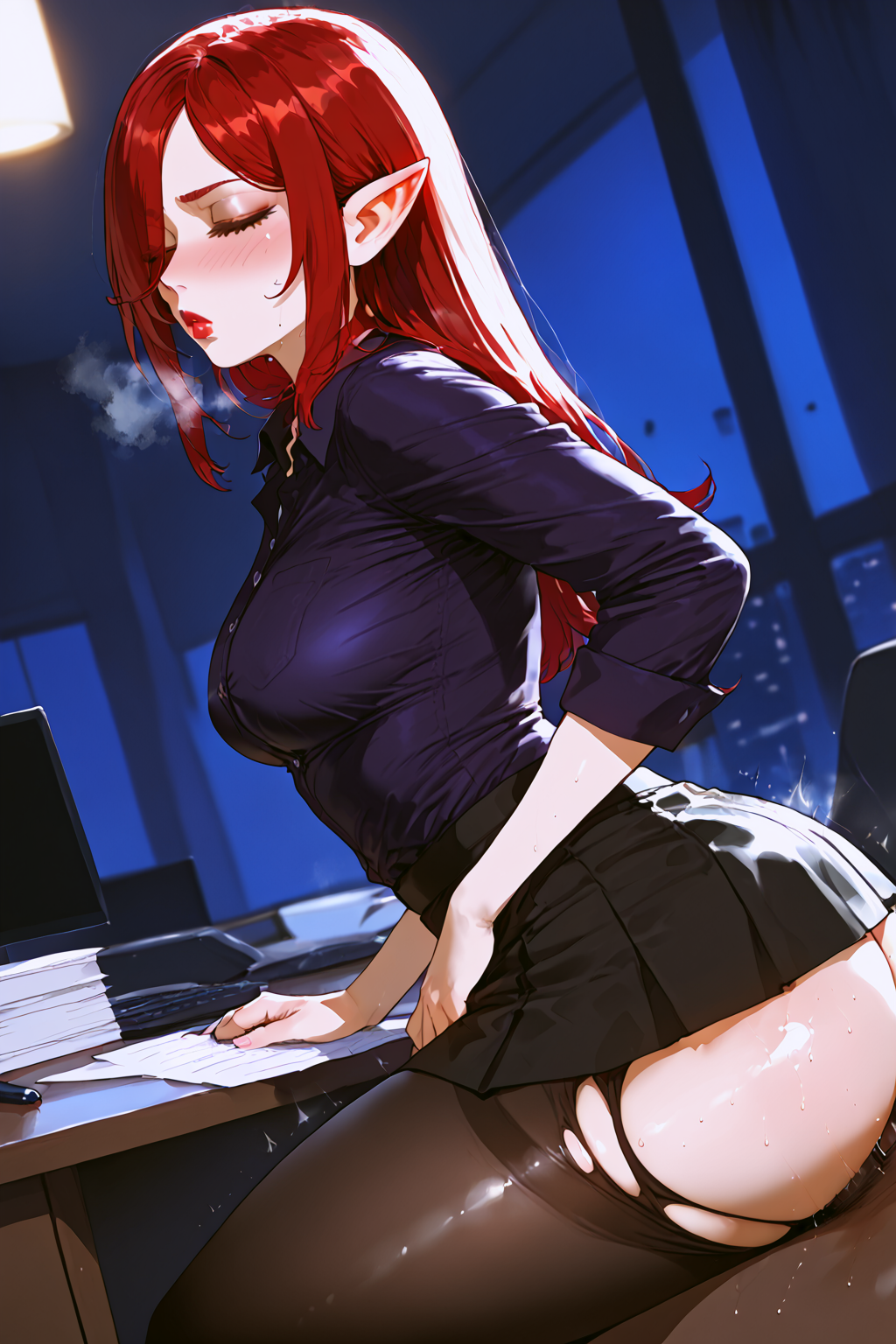 ai_generated ass black-skinned_male black_male blush chasca_(genshin_impact) closed_eyes genshin_impact heavy_breathing medium_breasts night office office_lady pointy_ears puffy_lips rape red_hair sex shiny_skin sitting_on_penis skirt sleeping sweat tight_clothing torn_pantyhose