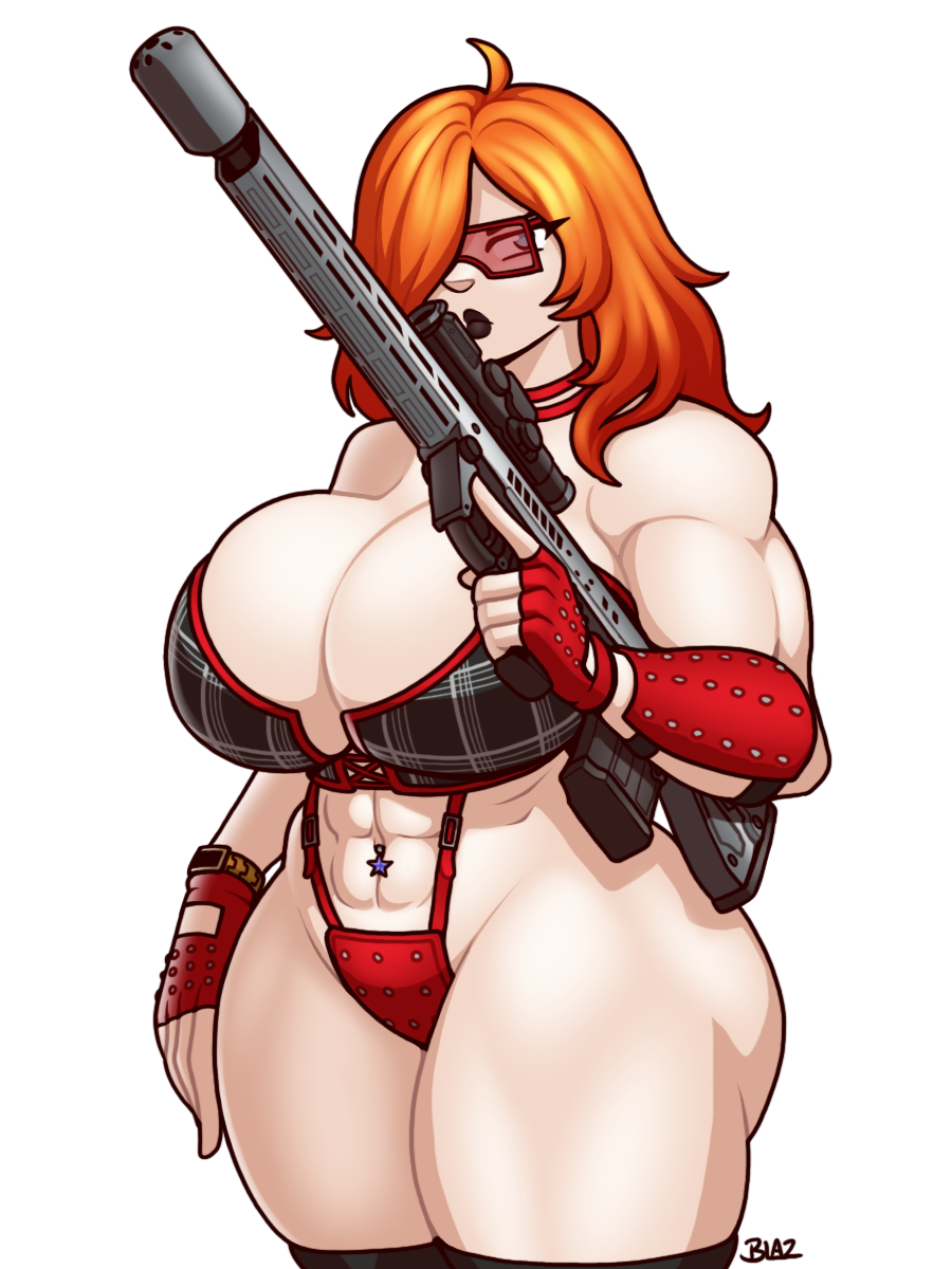 abs blazbaros breasts cleavage female gun large_breasts navel_piercing red_hair revealing_clothes sunglasses tinted_eyewear weapon