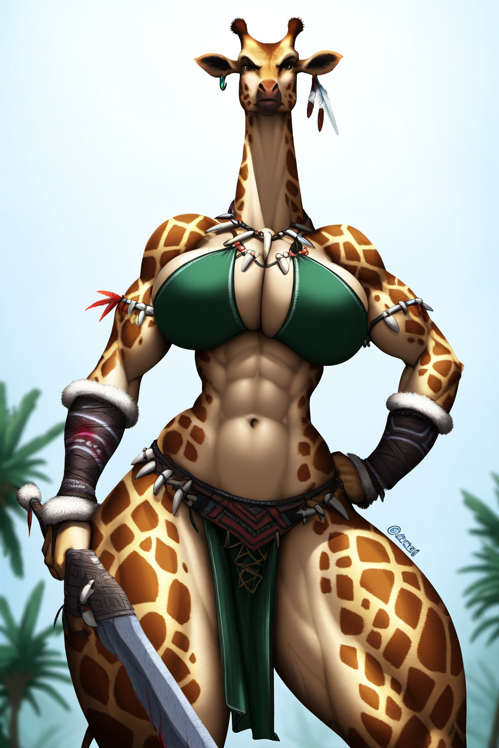 ai_generated annoyed big_breasts blood furry giraffe holding_weapon huge_breasts looking_at_viewer low-angle_view muscles muscular_female solo sword thick_thighs tribal_clothing