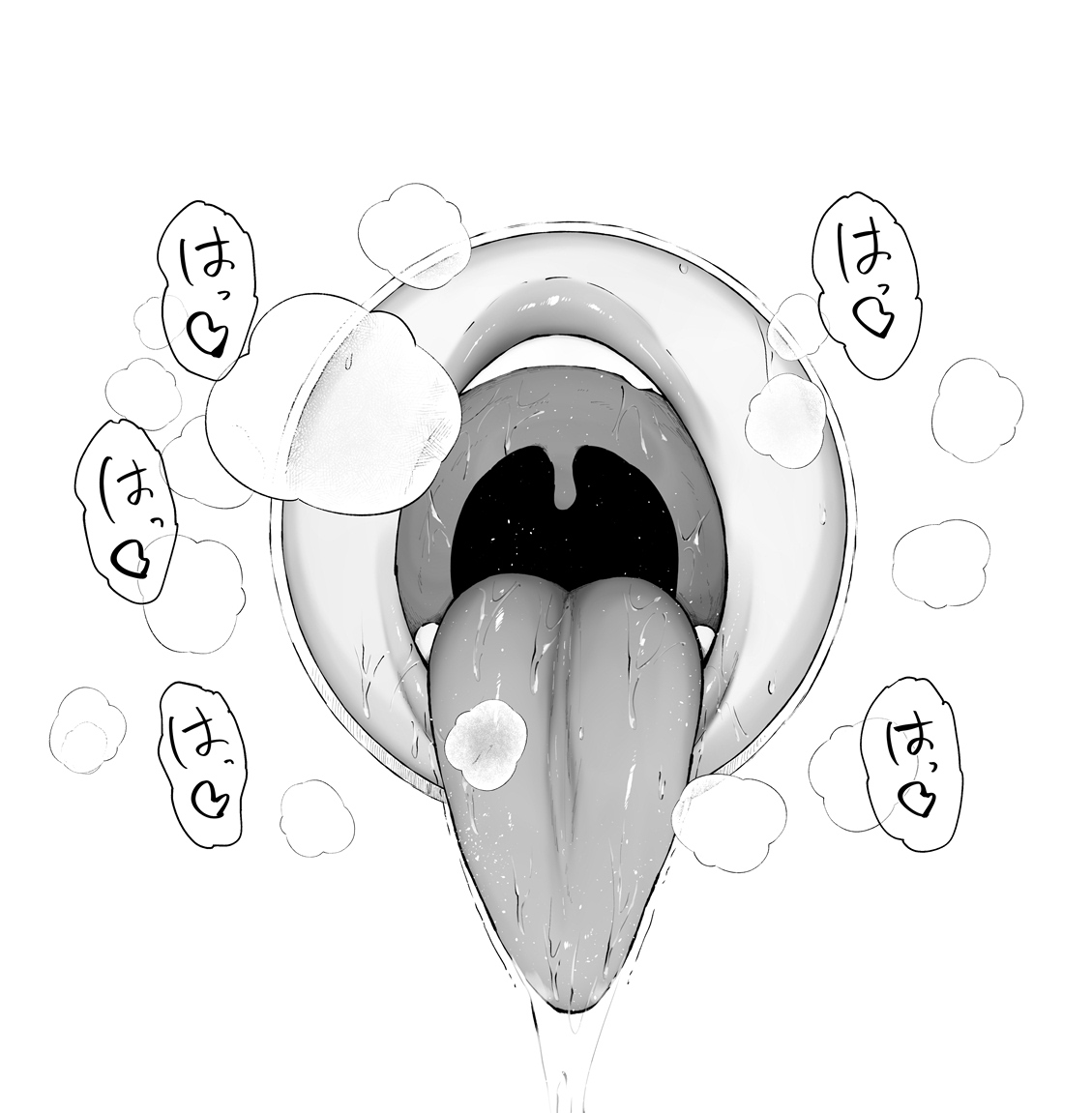 drooling, glory hole, japanese text, kurotama, monochrome, open mouth, saliva, tagme, tongue, tongue out, translation request, zenless zone zero