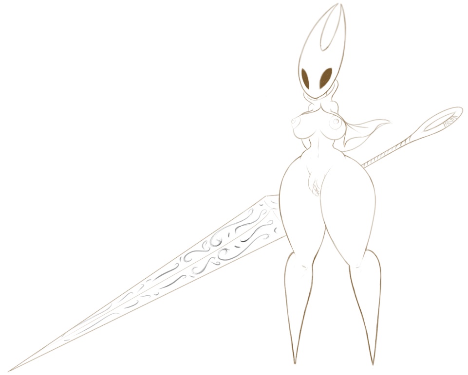 arthropod bottomless breasts cape clitoral_hood cloak clothed clothing empty_eyes female hollow_knight hornet_(hollow_knight) humanoid insects jessijinx melee_weapon needle plump_labia pussy sketch solo standing thick_thighs video_games weapon