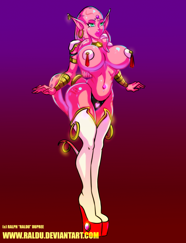 1girls armlet artist_name big_breasts blue_eyes bracer busty cleavage curvy ear_piercing earrings english_text eyelashes female female_only front_view hourglass_figure humanoid lily_(raldu) lipstick looking_at_viewer makeup pasties piercing pink_lipstick pink_skin pointy_ears pose posing raldu shiny shiny_skin simple_background solo standing tail thong voluptuous wide_hips