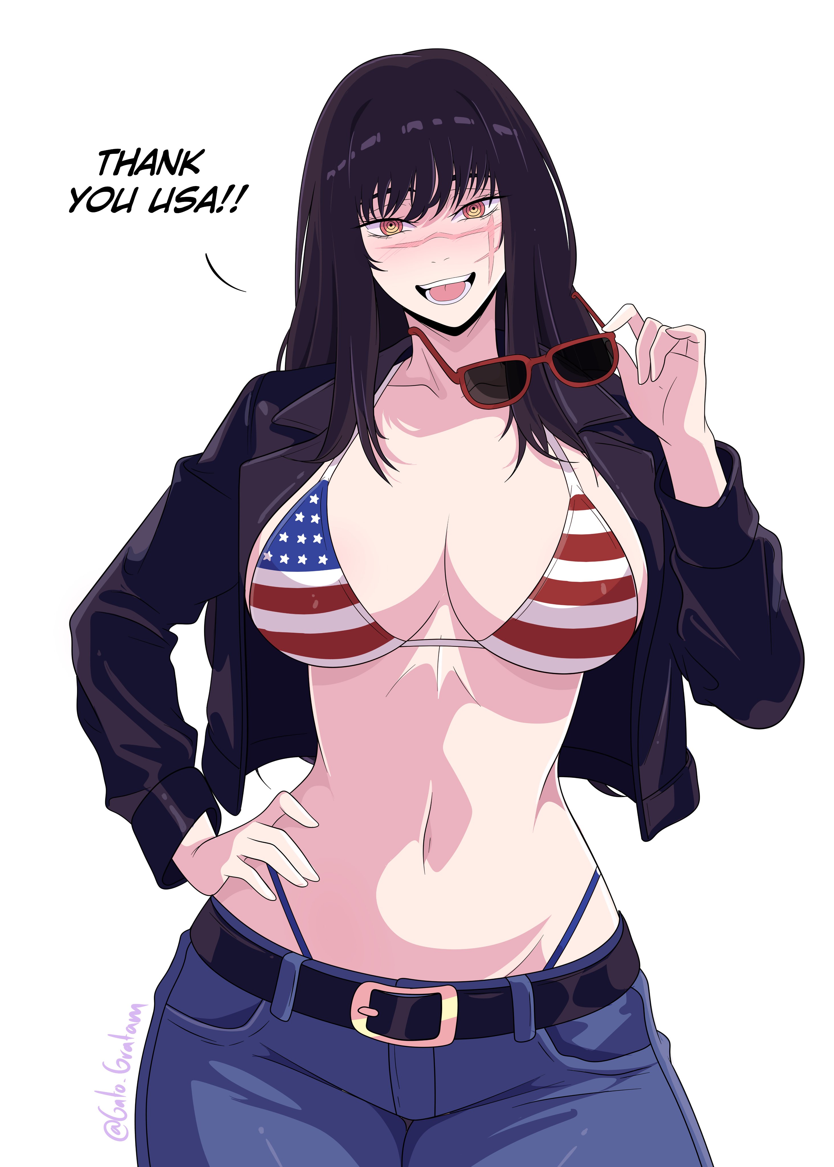 american flag bikini, belt, big breasts, bikini, breasts, chainsaw man, clothed, clothes, clothing, female, female focus, female only, gato gratam, jacket, pants, scar, scar on face, scene reference, string bikini, string panties, sunglasses, sunglasses removed, thong, thong straps, whale tail, yoru (chainsaw man)