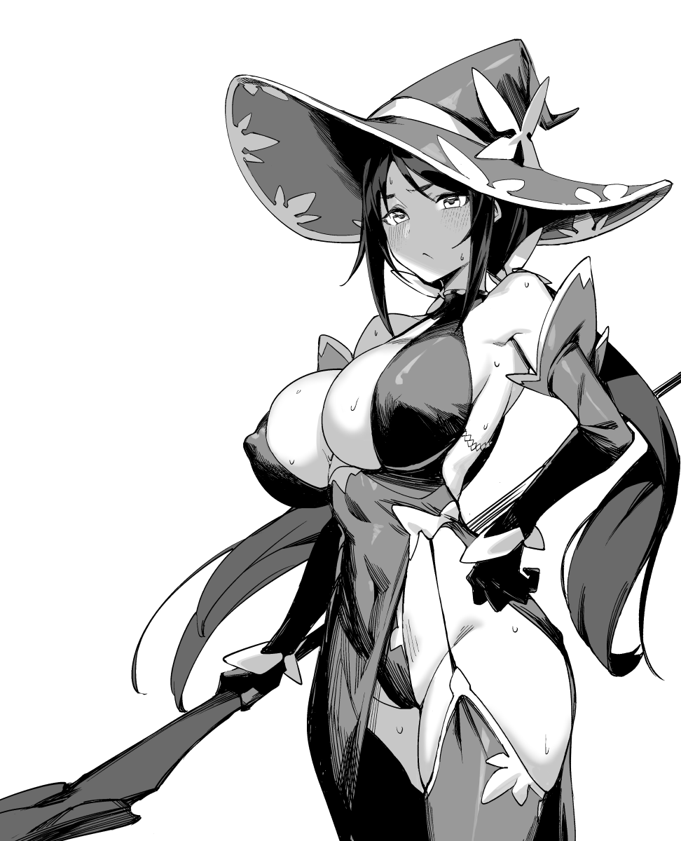 1girls big_breasts black_hair blush breasts busty character_request child_bearing_hips covered_navel covered_nipples erect_nipples_under_clothes female female_only gloves hand_on_hip hat highres large_breasts legs leotard long_hair looking_at_viewer low_twintails monochrome pelvic_curtain pose posing sensual solo staff sweat thick_thighs thighs thong_leotard twintails voluptuous witch witch_hat