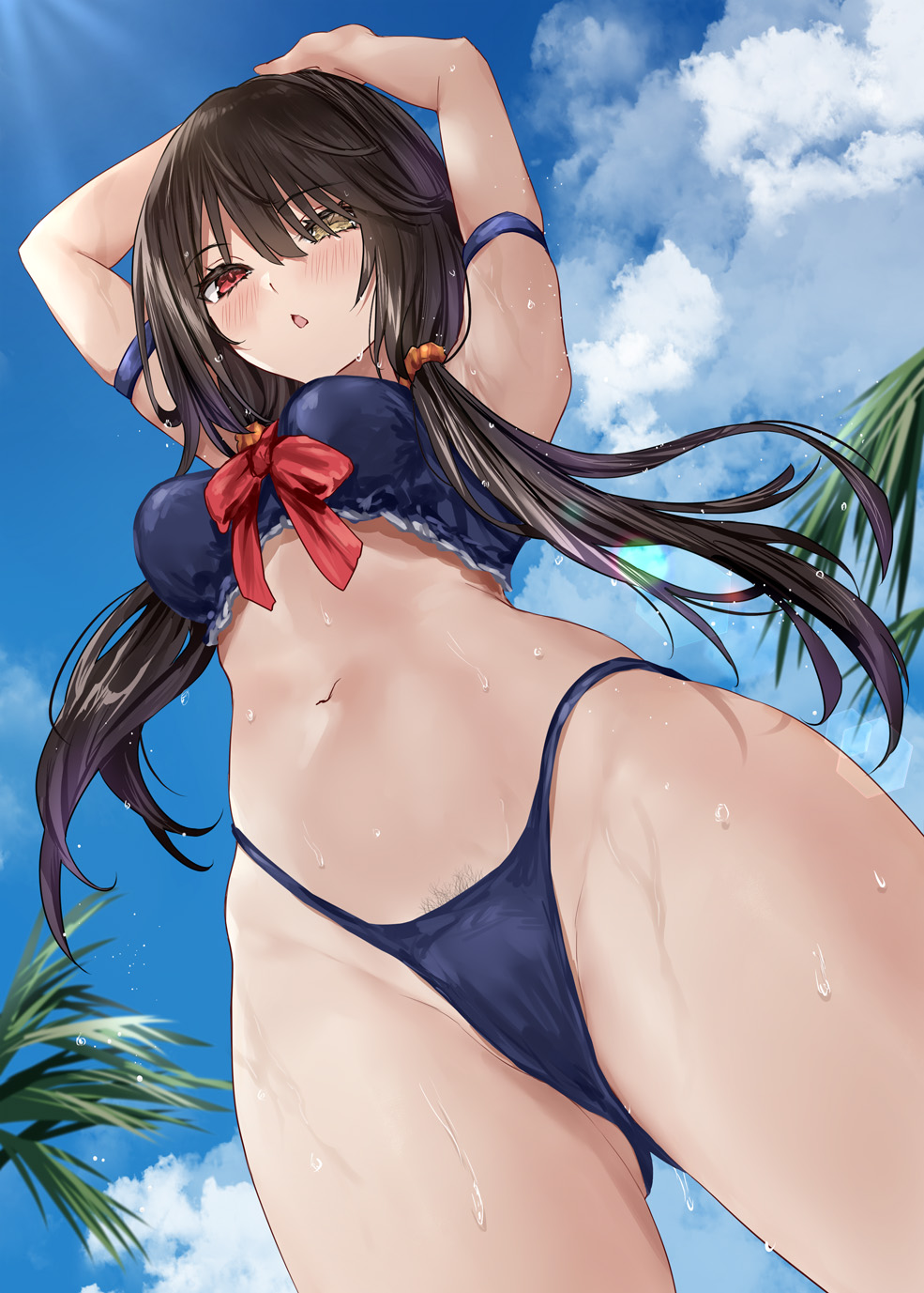 2d 2d_(artwork) asle ass beach belly belly_button bikini black_hair breasts date_a_live heterochromia light-skinned_female long_hair looking_at_viewer medium_breasts no_skirt red_eyes ribbon sky sweat thighs tokisaki_kurumi twintails variant_set