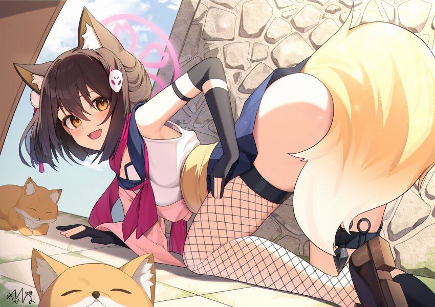 ass blue_archive blush brown_hair female fishnet_legwear fishnets fox_ears fox_girl fox_tail fur hair_ornament happy izuna_(blue_archive) looking_at_viewer ninja outdoors presenting sailor_collar seo_garam skirt smile yellow_eyes