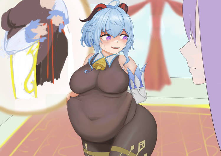 bbw big_belly embarrassed fat_female fat_fetish female ganyu_(genshin_impact) genshin_impact hoyoverse keqing_(genshin_impact) love_handles mihoyo outgrowing_clothes weight_gain