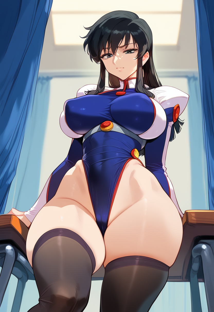 2d ai_generated big_breasts black_hair female female_focus female_only fujimura_shizuru indoors leotard long_hair shinkon_gattai_godannar!! solo solo_female solo_focus tagme thighhighs