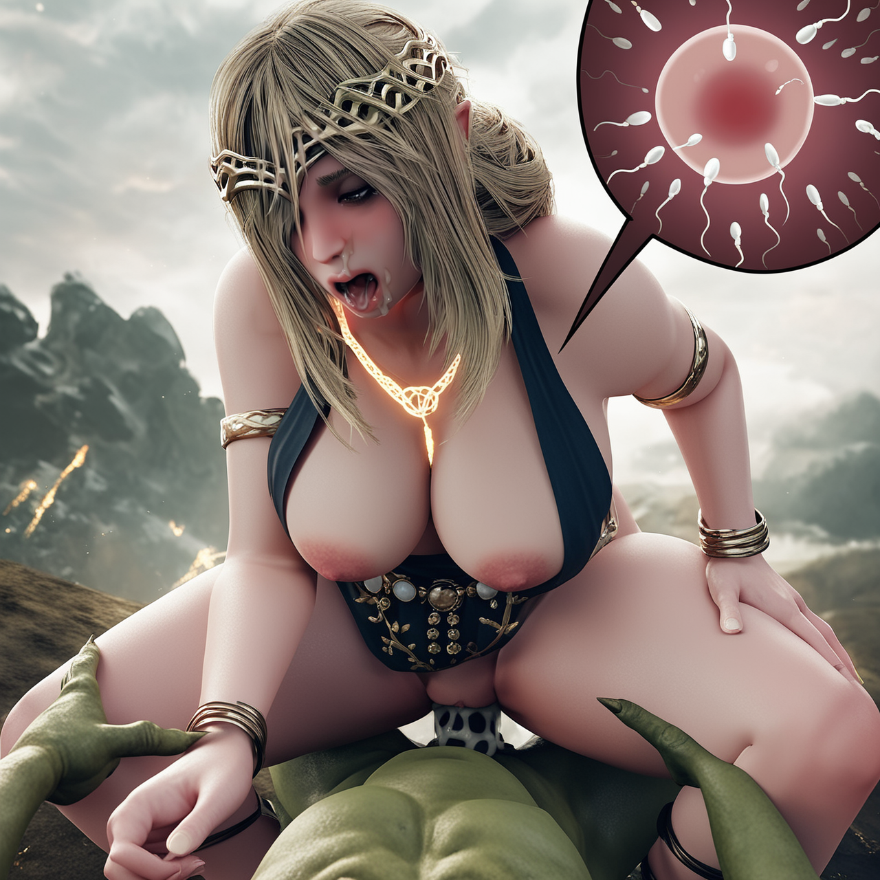 ahe gao, ai generated, blonde hair, breasts, cowgirl position, cum, cum in mouth, cum inside, elden ring, female, goblin, goblin male, huge breasts, impregnation, interspecies, jewelry, long hair, male, monster, pony diffusion xl, queen marika the eternal, rape