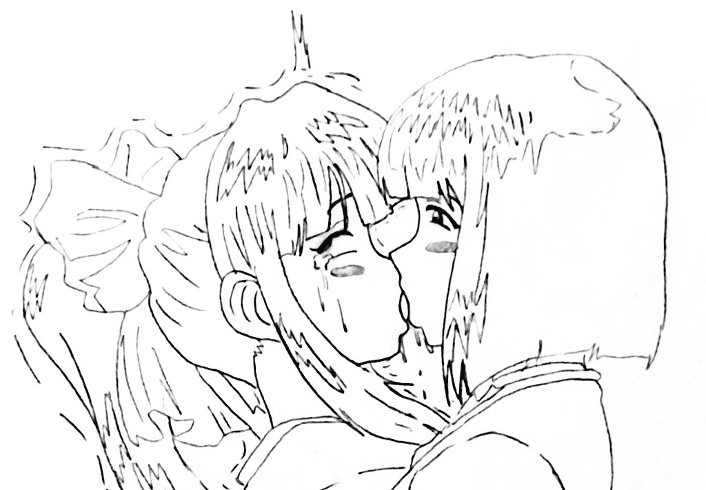 2girls blush french_kiss from_side hair_ribbon japanese_clothes kissing kitaooji_hanabi long_hair monochrome multiple_girls ponytail ribbon rolling_eyes sakura_shinguji sakura_wars sega short_hair tears tongue tongue_out traditional_media yuri