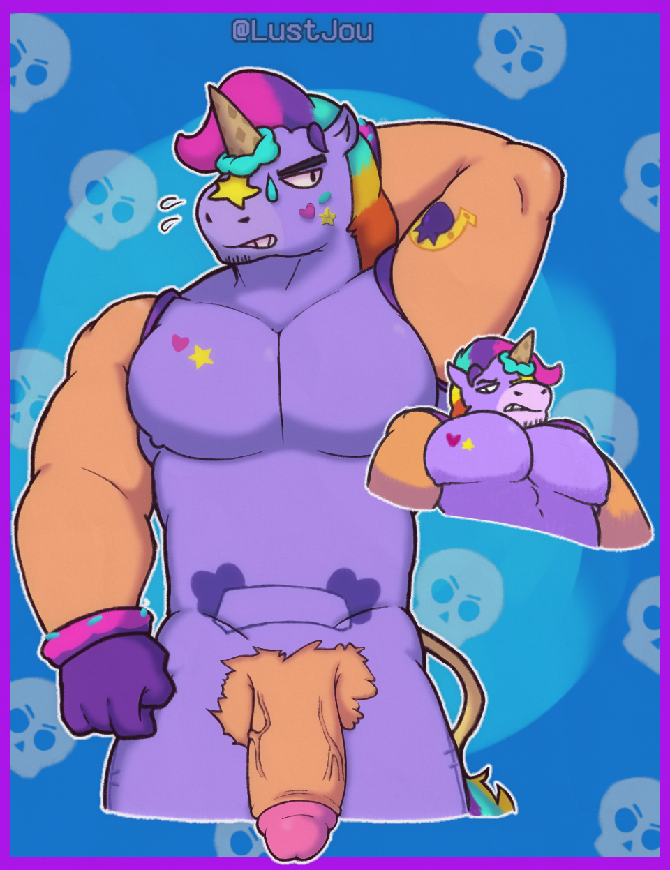 berry_(brawl_stars) blue_background blush brawl_stars building clothing digital_media_(artwork) equid equine food genitals gloves handwear hi_res horn house ice_cream_cone lustjou male mammal muscular muscular_male mythological_creature mythological_equine mythology only_male pecs penis purple_clothing simple_background solo solo_male star supercell_(company) tail unicorn