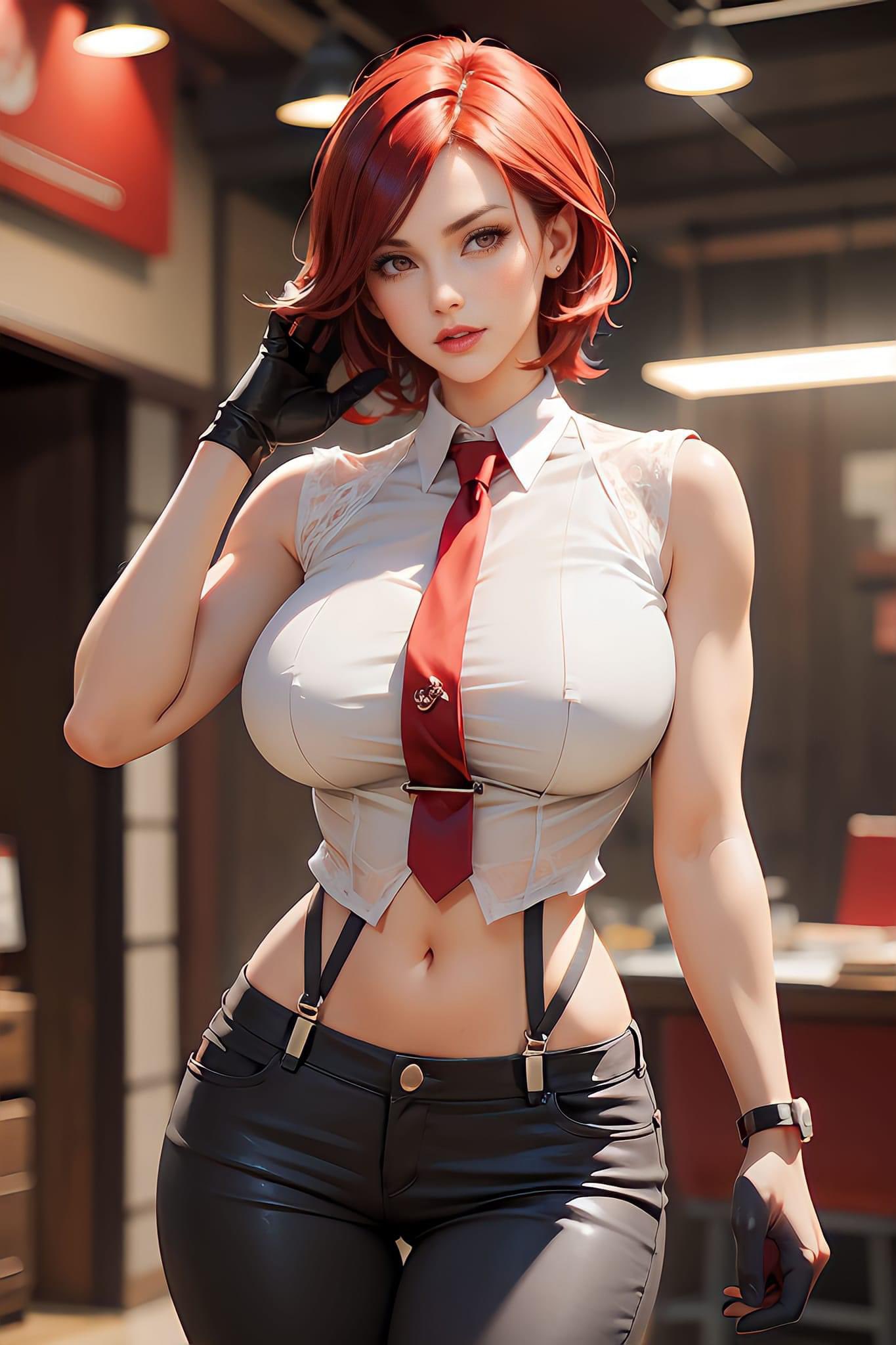 1girls ai_generated big_breasts earring female gloves hand_up huge_breasts indoors king_of_fighters lights nipple_bulge pants red_eyes red_hair shirt short_hair skinny_waist tie vanessa_(kof) white_shirt