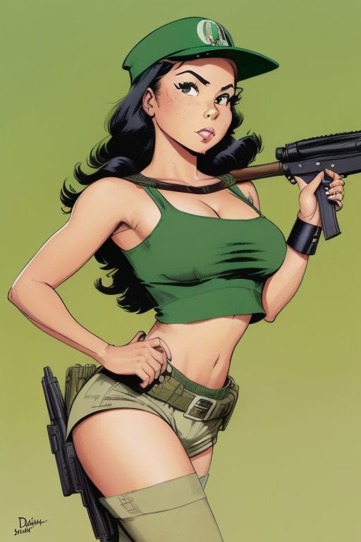 ai_generated american_dad army army_cap army_girl army_uniform assault_rifle black_hair brown_eyes colombian colombian_army_soldier_1 colombian_female crop_top latina latina_female looking_away pin_up red_lipstick soldier soldier_uniform