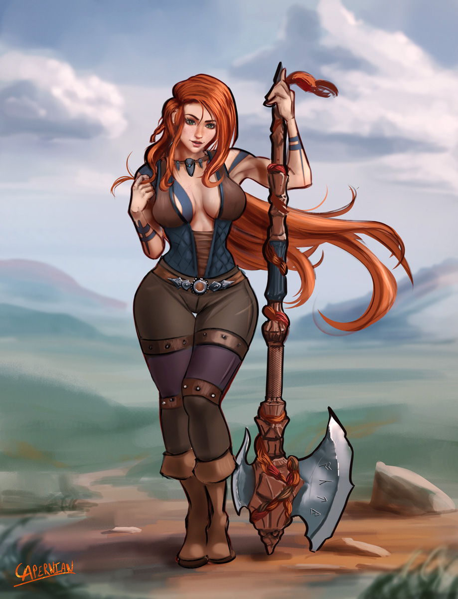 axe barbarian capernian clothed clothed_female dungeons_and_dragons medieval oc