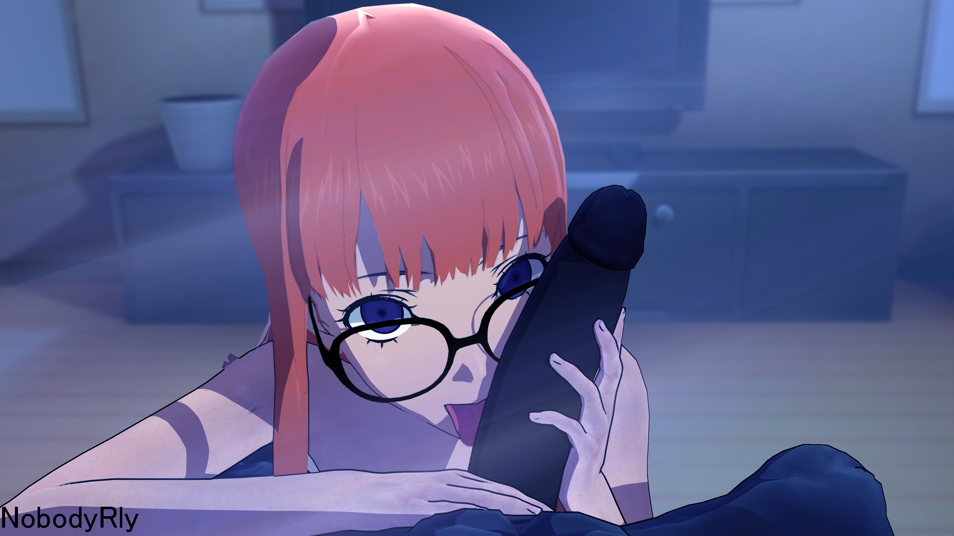 1boy, 1girls, 3d, female, licking penis, looking at viewer, male, nobodyrly (artist), penis, persona, persona 5, pov, sakura futaba, sfm, tagme