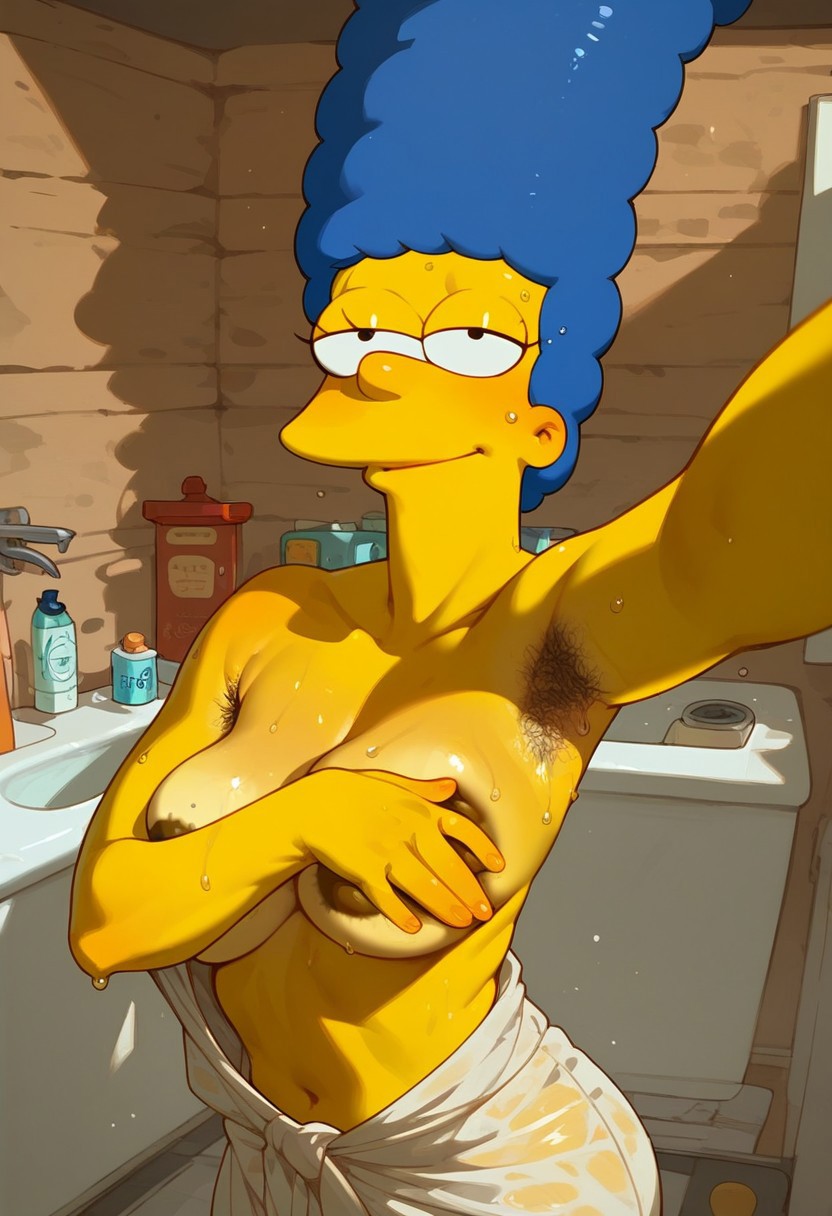 1girls 20th_century_fox 20th_century_studios ai_generated armpit_hair bathroom big_breasts blue_hair breasts female female_only hair_blue hairy human marge_simpson mewgirl milf selfie the_simpsons wet yellow_body