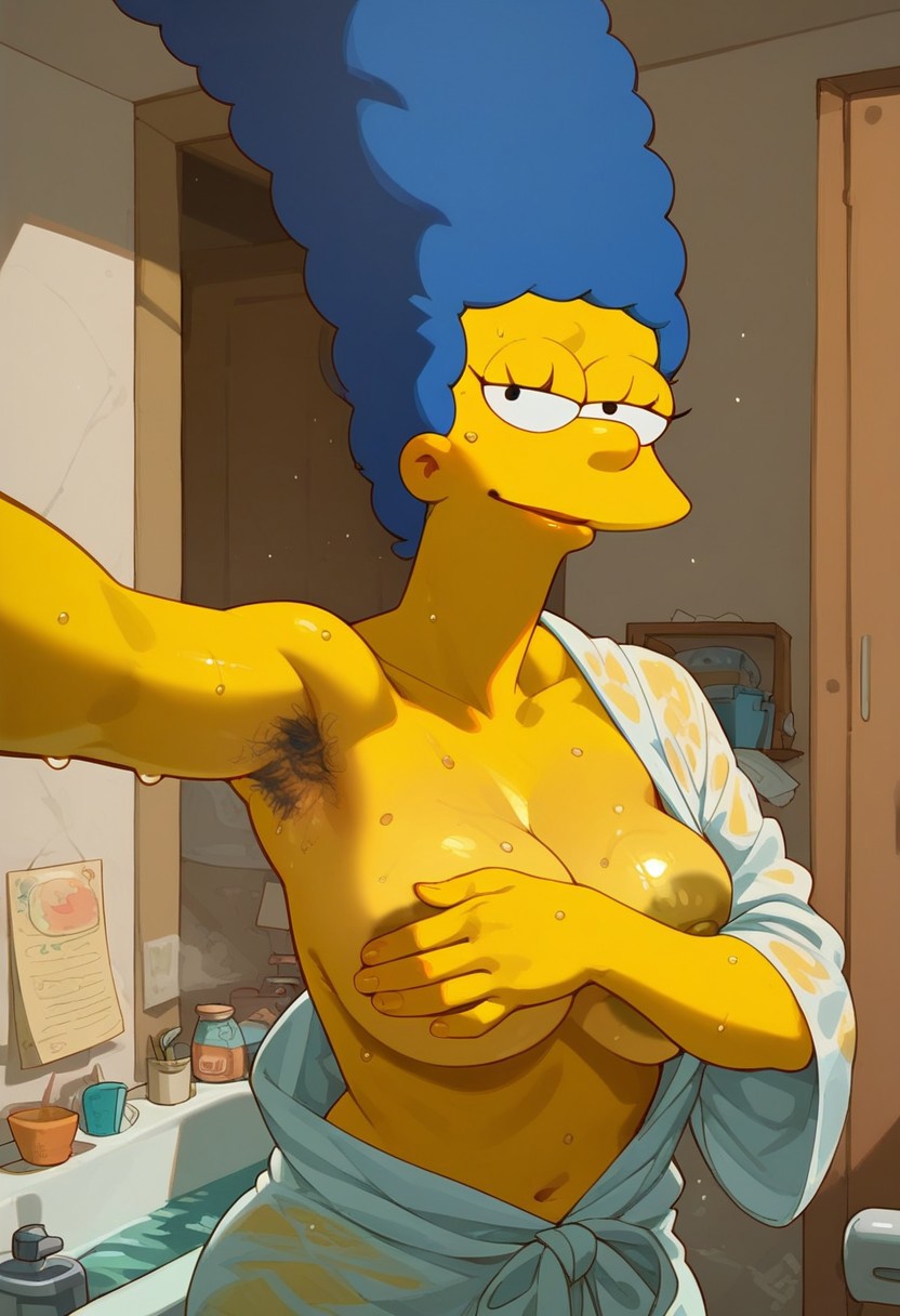 1girls 20th_century_fox 20th_century_studios ai_generated armpit_hair bathroom big_breasts blue_hair female hair_blue hairy human marge_simpson mewgirl milf selfie the_simpsons wet yellow_body