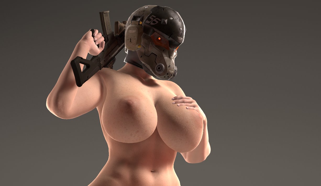 1girl 3d 3d_(artwork) areolae athletic_female big_breasts breasts busty female firearm fit fit_female gun hand_on_breast haven_trooper helmet huge_breasts large_breasts metal_gear metal_gear_solid navel nipples round_breasts solo tagme upper_body weapon