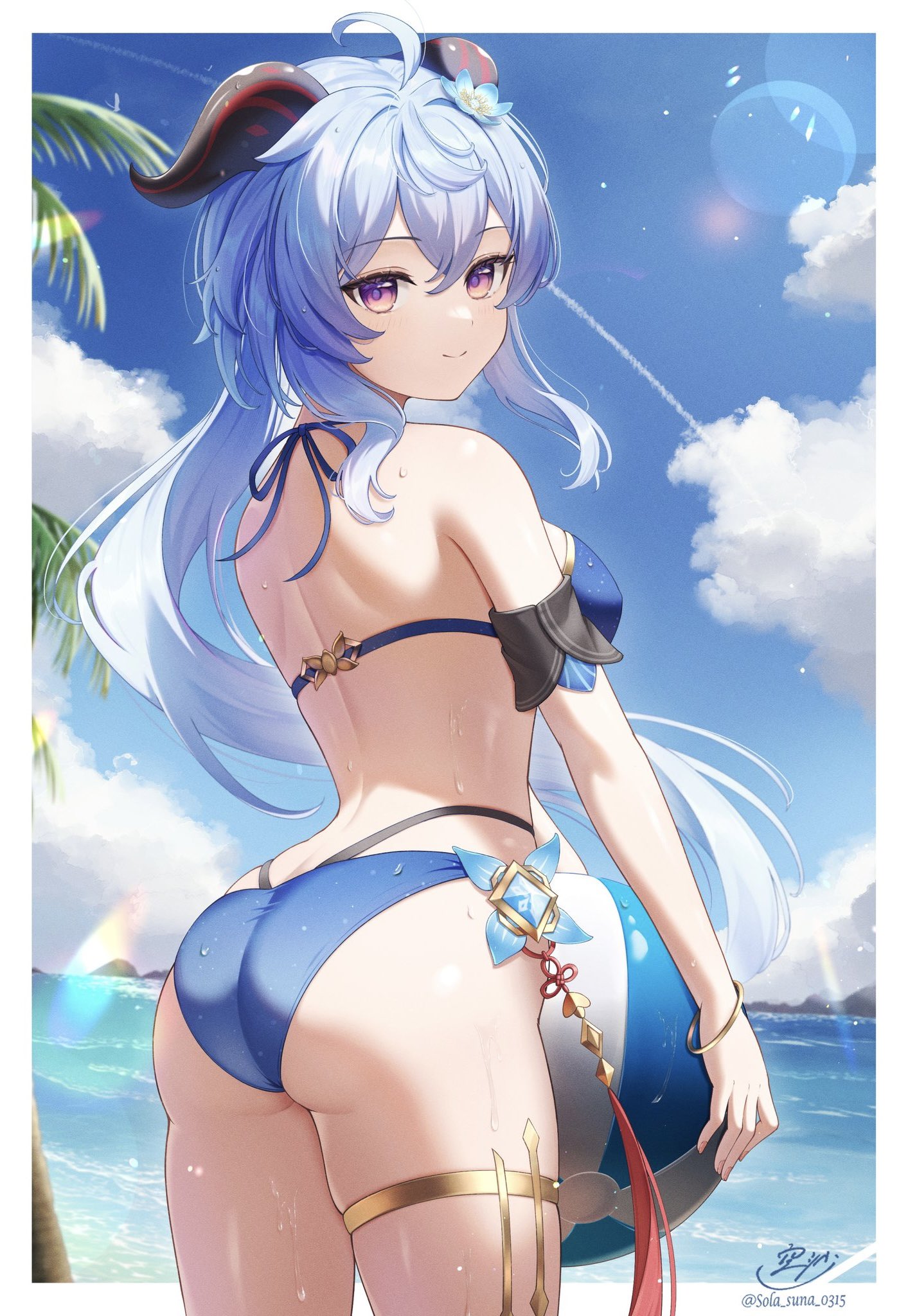 1girls, ass, beach, beach ball, blue hair, blue swimsuit, breasts, clouds, female, female only, ganyu (genshin impact), genshin impact, holding object, hoyoverse, light-skinned female, long hair, medium breasts, mihoyo, multicolored eyes, sidelocks, sola suna, solo, swimsuit, wet