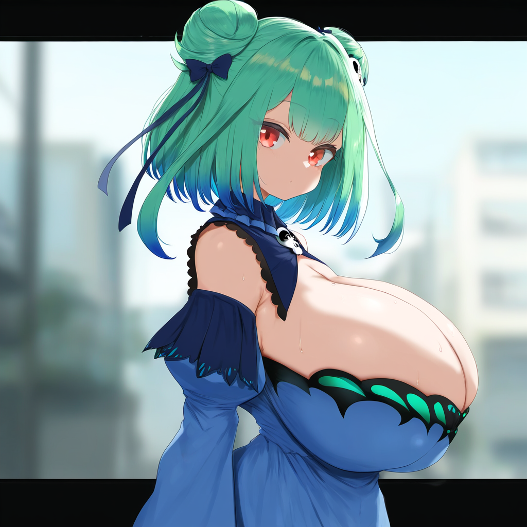 ai_generated alternate_breast_size ameanon big_breasts breasts cleavage cleavage_cutout double_bun green_hair hololive hololive_fantasy huge_breasts large_breasts looking_at_viewer red_eyes uruha_rushia virtual_youtuber vtuber