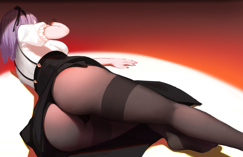 absurd res, absurdres, ass, black legwear, dagashi kashi, female, female only, from behind, legwear, nero (nilu), pantyhose, purple hair, shidare hotaru, skirt lift, solo, thick thighs, thighs, upskirt, voluptuous, wide hips