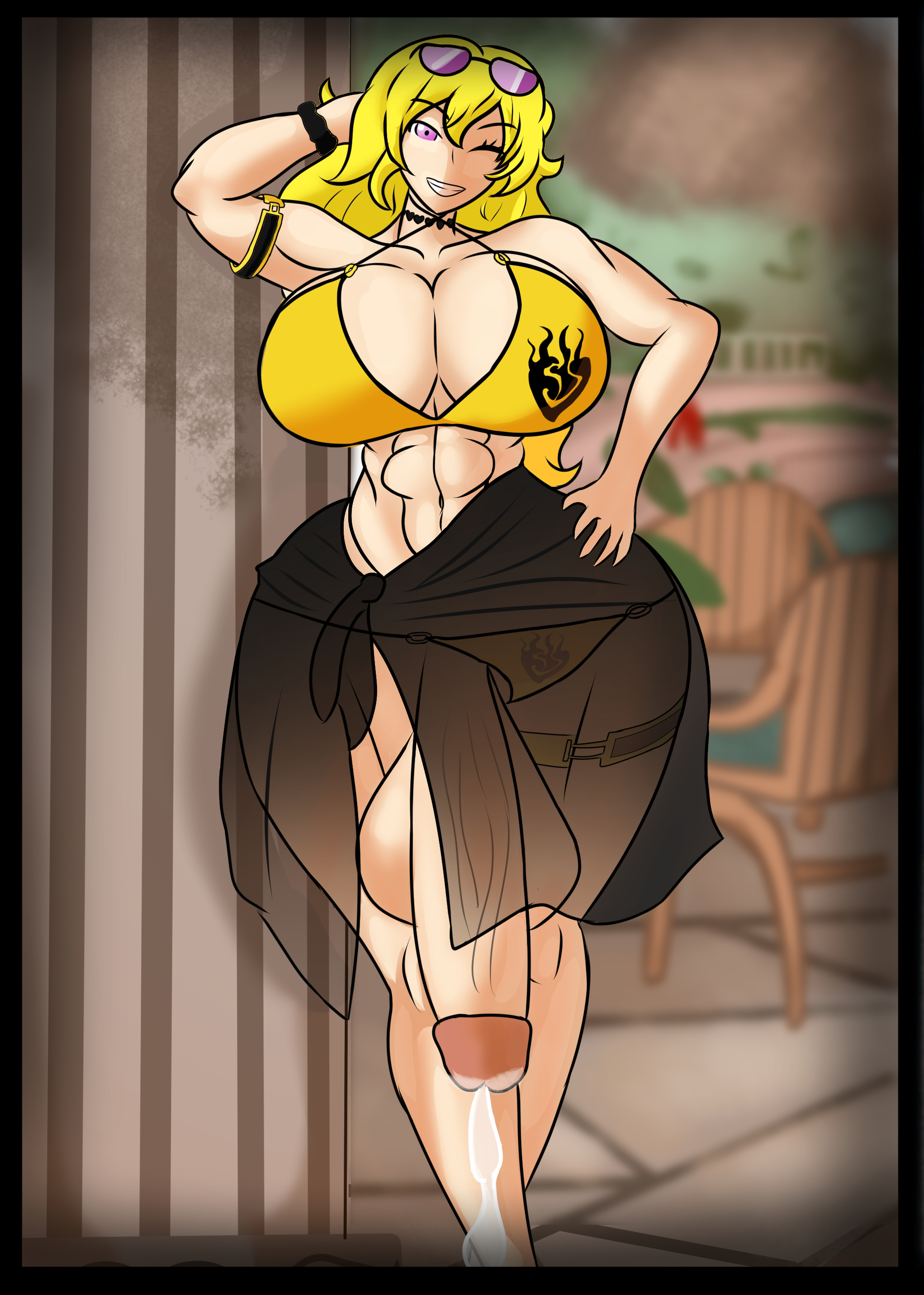 1futa, abs, bikini top, blonde female, blonde hair, breasts, f e , female, futa only, futanari, huge breasts, huge cock, intersex, leaning, light skin, light-skinned futa, looking at viewer, muscular, muscular female, penis, purple eyes, rwby, see-through, smile, smiling at viewer, solo, solo futa, swimsuit, swimwear, wink, winking at viewer, yang xiao long