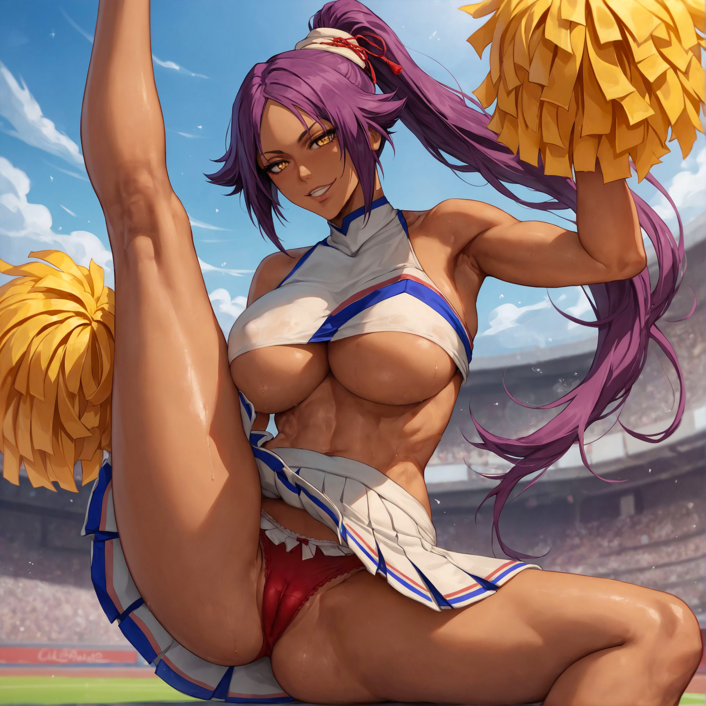 1girls, abs, ai generated, alex-schura, areola slip, armpits, ass, bangs, bare shoulders, bleach, blue sky, blush, bow panties, breasts, cameltoe, cheerleader, cheerleader uniform, clothes lift, clothing, cloud, crop top, curvaceous, curvaceous female, curvaceous figure, curvy, curvy figure, dark skin, dark-skinned female, day, female, female focus, female only, footwear, high ponytail, holding pom poms, inviting, inviting to sex, large breasts, leg up, legs, long hair, looking at viewer, midriff, miniskirt, muscles, muscular, muscular female, navel, outdoors, pantsu, parted lips, pleated skirt, pom pom (cheerleading), pom poms, ponytail, presenting, presenting anus, presenting ass, presenting breasts, presenting hindquarters, presenting pussy, purple hair, pussy, red panties, seductive, seductive look, seductive smile, shihouin yoruichi, shiny, shiny skin, skirt, sky, sleeveless, smile, solo, split, spread legs, standing split, sweat, thick thighs, thighs, tied hair, toned, underboob, underwear, voluptuous, voluptuous female, white skirt, yellow eyes