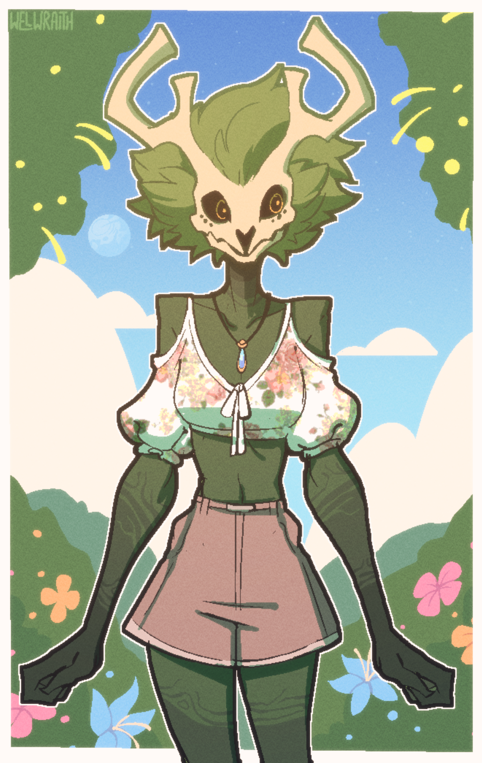 1girls anthro bush clouds deer_girl female flat_chest flower flowers green_skin nature_background necklace no_visible_genitalia safe_for_work sfw skull_head small_breasts solo welwraith wendigo wicker_(welwraith)