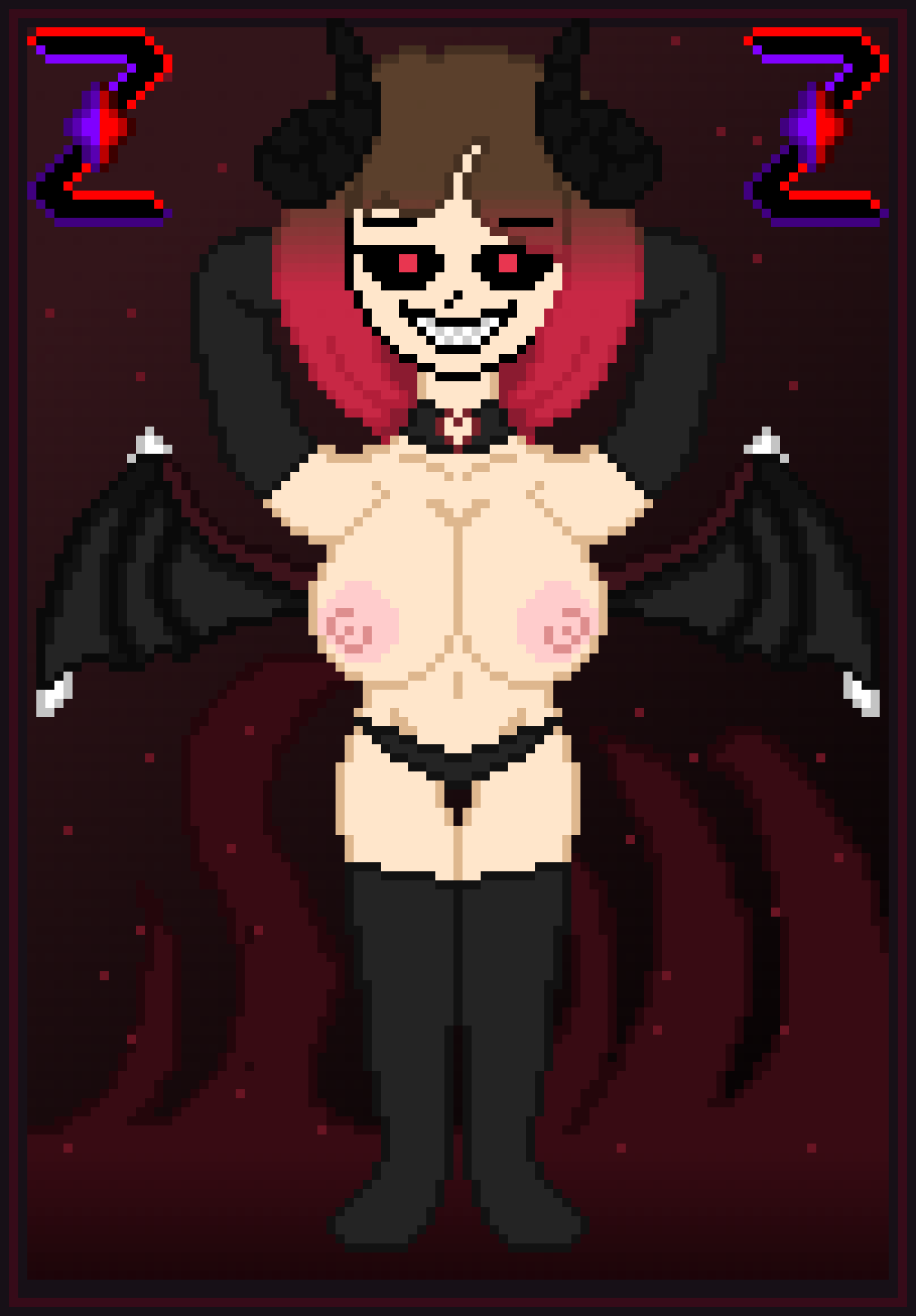 bete_noire betty_noire big_breasts big_breasts black_panties brown_hair demon_girl demon_horns demon_wings glitchtale nipples panties pixel pixel_art red_eyes red_hair sharp_teeth short_hair succubus wings zixy