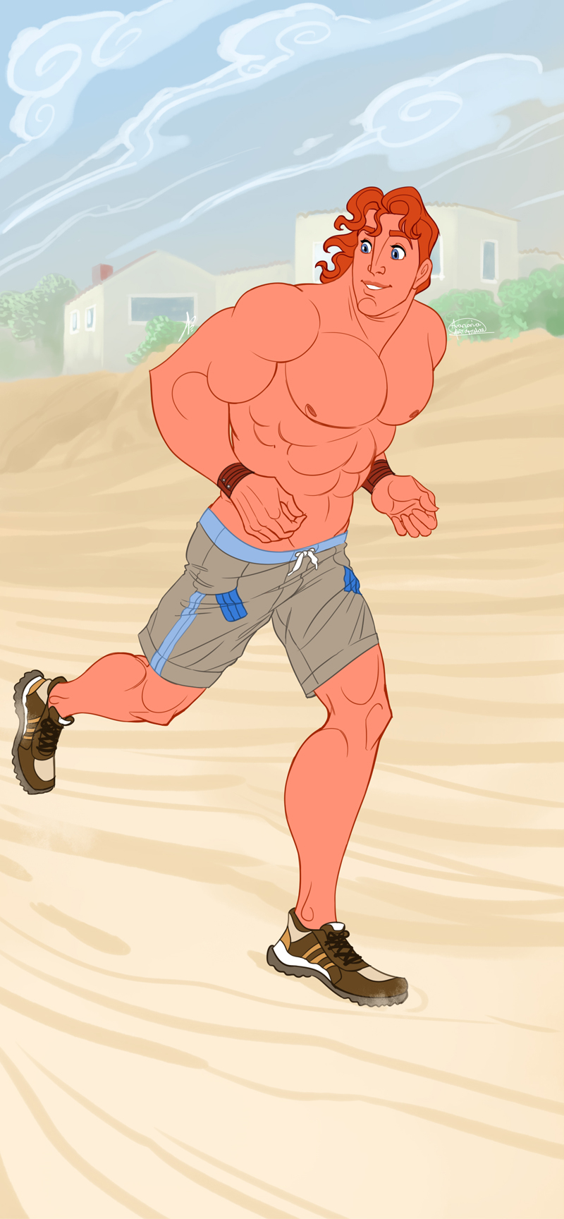 aniabk beach disney handsome hercules_(character) hercules_(disney) jogging male muscular_male no_visible_genitalia shirtless