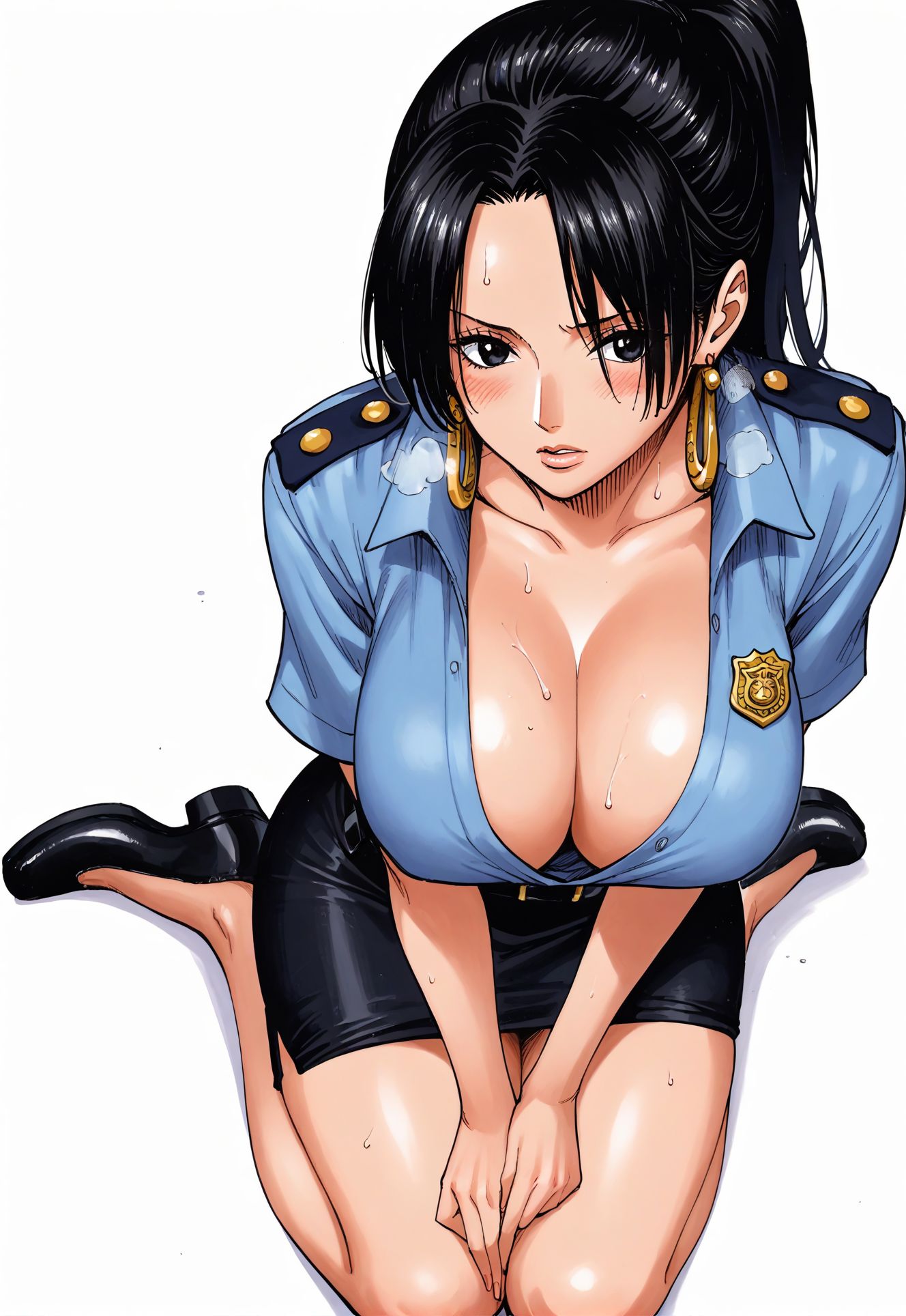 ai_generated alluring almost_naked almost_nude black_hair boa_hancock earring earrings female female_only looking_at_viewer one_piece police police_officer police_uniform policewoman ponytail seducing seduction seductive seductive_body seductive_eyes seductive_gaze seductive_look seductive_mouth seductive_pose shiny_hair shiny_skin snake_earrings sweat sweatdrop sweating sweaty sweaty_body voluptuous voluptuous_female yashin