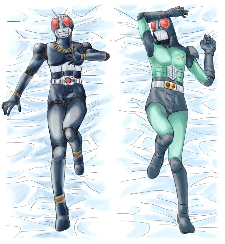 2boys arm_up armor armored_male bedding bedding_background belt black_armor bodypillow dakimakura dakimakura_(medium) dakimakura_design dakimakura_pillow dakimakura_pose front_view green_armor helmet kamen_rider kamen_rider_black kamen_rider_black_(series) kamen_rider_black_rx kamen_rider_black_rx_(series) leg_up mask masked masked_male on_back