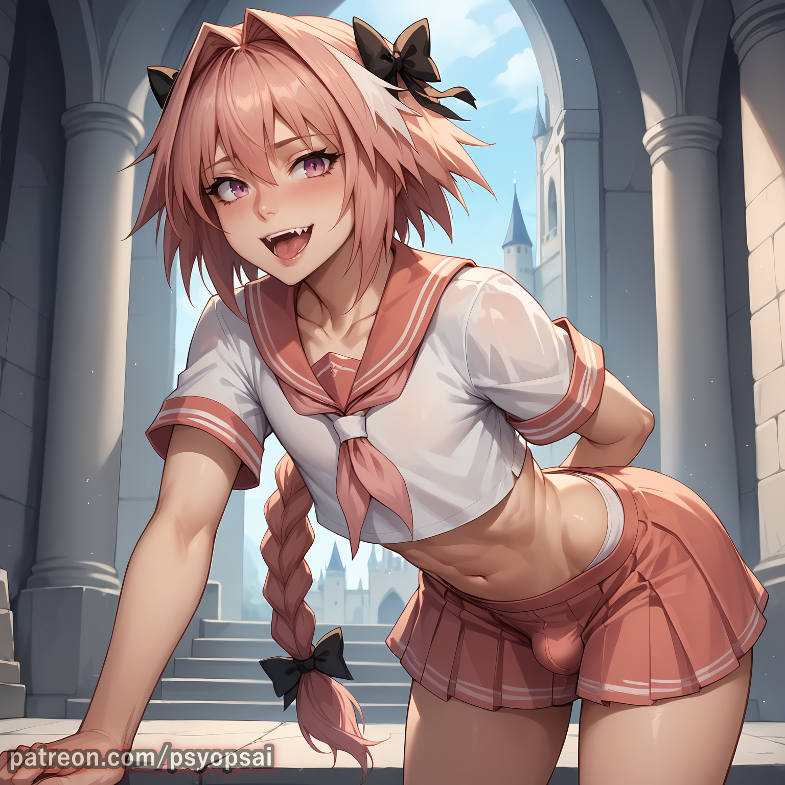 1boy, ai generated, artist name, astolfo (fate), bulge, clothed, colored, digital media (artwork), fate (series), femboy, femboy focus, femboy only, feminine male, from below, front view, male, male only, pink hair, psyopsai, skirt, smiling, solo, solo focus, watermark