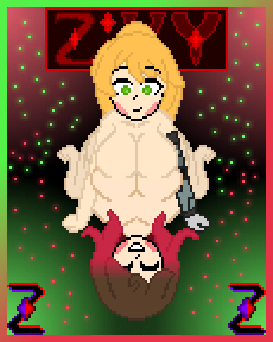 alisha_ahsila big_breasts blonde_hair brown_hair closed_eyes glitchtale green_eyes long_hair pixel pixel_art red_hair robotic_arm tied_hair yellow_hair yuri z!betty zixy