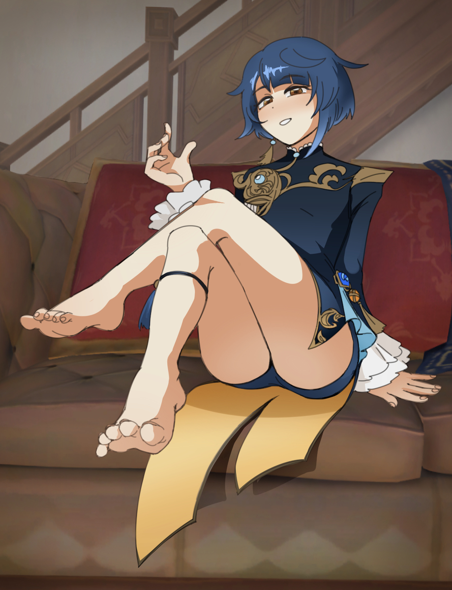 1boy bare_legs bare_thighs barefoot bedroom_eyes bewitching_thighs big_ass big_ass_(male) big_pillow blue_clothing blue_dress blue_hair blue_hair_male blush blushing_male chair clothed couch couch_sitting crossed_legs crossed_legs_(sitting) dress feet feet_fetish feet_focus foot_focus frilled_shirt_collar frilled_sleeves gemstone genshin_impact girly girly_boy gold_jewelry gold_trim hand_on_chair high_collar indoors interior legs_together legs_up light_blush living_room male male_ass male_ass_focus male_focus male_only male_thighs ndgmlkh2 no_sex open_hand pale-skinned pale-skinned_male pale_skin pale_skinned_male pattern_clothing pattern_dress pillow plump_thighs raised_legs red_pillow short_hair short_hair_male sitting_on_couch smile smiling smug smug_smile soles solo_focus stairs stairway teasing_viewer thick_thighs toes white_wall xingqiu_(genshin_impact)