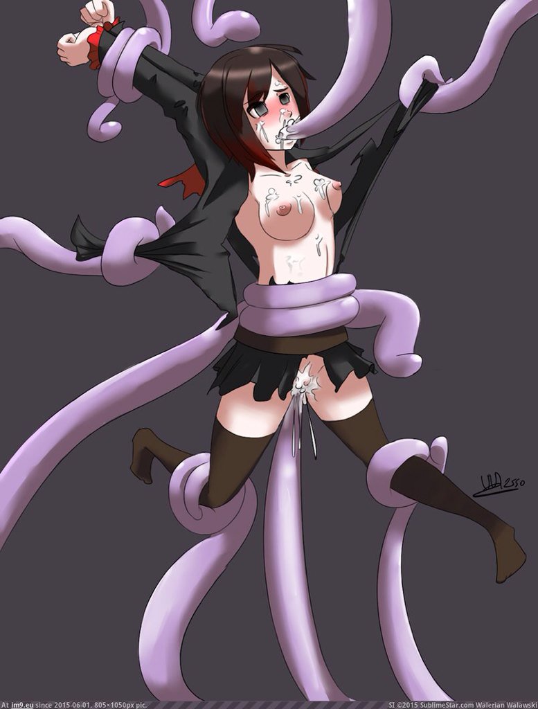 blush, breasts, cum, cum in mouth, cum in pussy, cum on breasts, cum on face, exposed breasts, exposed pussy, female, pussy, restrained by tentacles, ruby rose, rwby, stripped by tentacles, suspended via tentacles, tentacle, tentacle around waist, tentacle in pussy, tentacles around legs, tentacles around wrists, thighhighs, torn clothes, torn dress