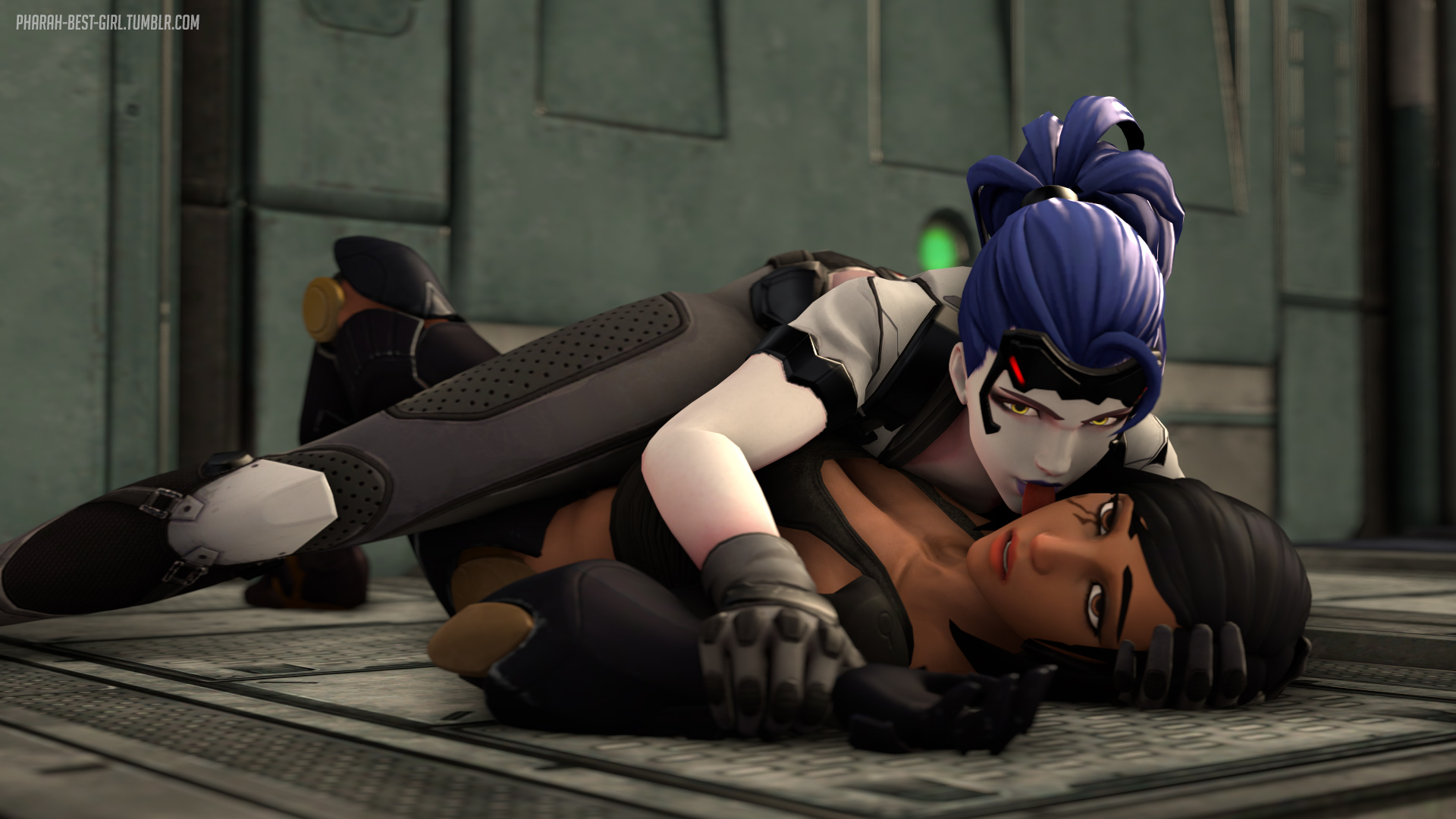 16:9, 2girls, 3d, alternate costume, anubis pharah, black eyes, black hair, dark skin, dark-skinned female, face licking, female, highres, licking, multiple females, multiple girls, muscles, muscular, muscular female, overwatch, pharah, pharah-best-girl, pinned down, power armor, restrained, source filmmaker, talon widowmaker, widowmaker