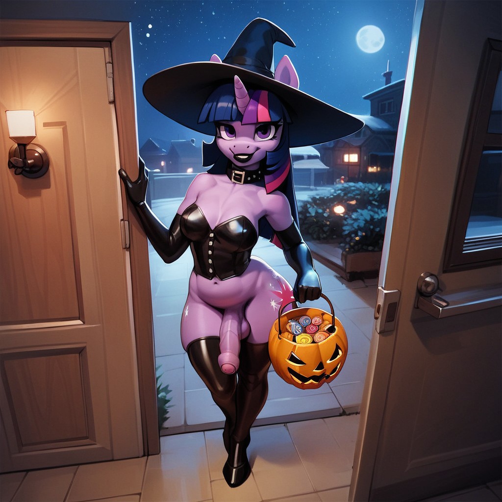 ai_generated anthro futanari halloween latex my_little_pony penis pony thighhighs trick_or_treat twilight_sparkle_(mlp) witch_costume witch_hat