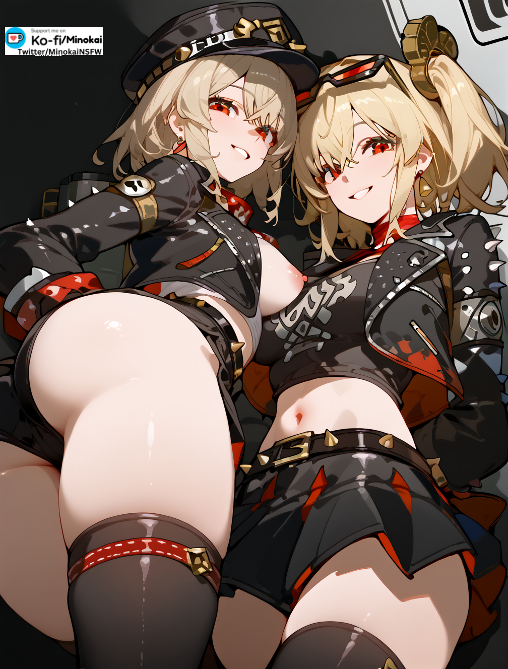 2girls aged_up ai_generated ass ass_focus blonde_hair breasts burnice_white crop_top cropped_jacket hoyoverse luciana_de_montefio minokai nipples red_eyes short_hair side_ponytail skirt thick_thighs thighhighs twintails zenless_zone_zero