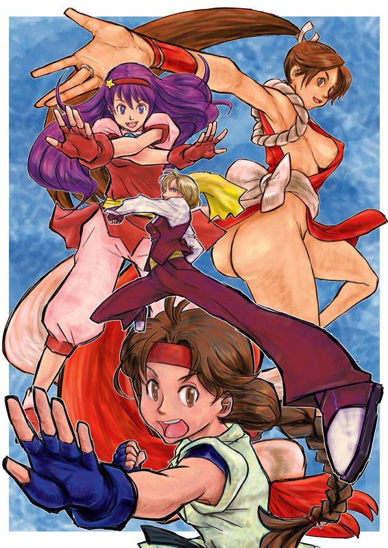 4girls areola_bulge ass ass ass_out athena_asamiya bandana big_ass big_breasts big_breasts big_butt blonde_hair blue_eyes braid braided_ponytail brown_eyes brown_hair butt_crack clothed exhibitionism female from_behind gloves hair_ornament japanese japanese_clothes karate_gi king_(snk) king_of_fighters light-skinned_female light_skin long_hair looking_back mai_shiranui nipple_bulge no_panties no_underwear open_mouth pants purple_eyes purple_hair shoes short_hair suit tied_hair yuri_sakazaki