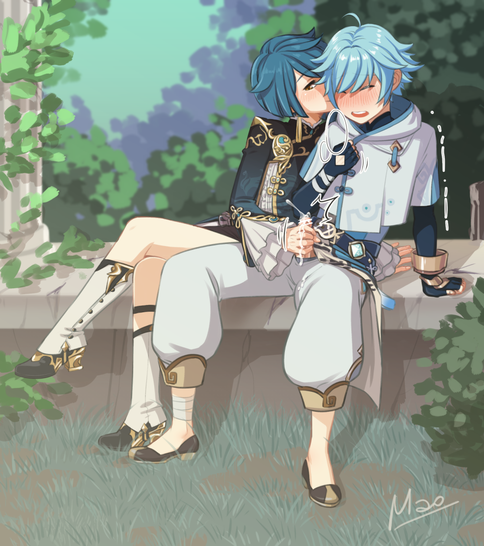 2022 2boys aqua_hair bare_legs bare_thighs blue_clothing blue_dress blue_hair blue_hair_male blue_sleeves blush blush_lines blushing_male chongyun_(genshin_impact) closed_legs cock crossed_legs crossed_legs_(sitting) cum_dripping cum_in_hand cum_on_hand cumdrip cumming cumming_from_handjob dress duo_focus ejaculation fingerless_gloves forest forest_background frilled_shirt_collar frilled_sleeves gay gay_handjob gay_sex genshin genshin_impact gold_jewelry gold_trim grass green_background gripping gripping_cock gripping_penis hand_on_another's_penis hand_on_penis handjob hi_res high_collar high_heel_boots high_heeled_boots high_heels highres homosexual jerking_off jerking_off_another leaves legs_apart legs_together legwear male_duo male_focus male_on_male male_only mao_di may_(month) open_legs open_mouth pants pattern_clothing pattern_dress penis pillar sex sleeves stone_pillars sultry_eyes sultry_gaze thighs vines white_high_heels white_legwear white_pants xingqiu_(genshin_impact) yaoi