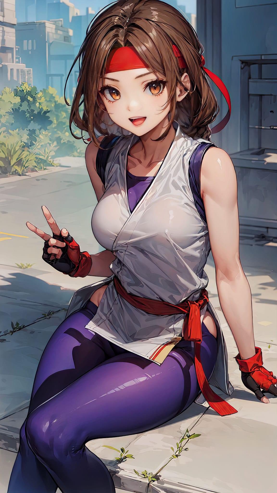 1girls ai_generated bandana belt braid female gloves hand_gesture karate_gi king_of_fighters light-skinned_female light_skin long_hair looking_at_viewer medium_breasts open_mouth outdoors outside sitting street tied_hair yoga_pants yuri_sakazaki