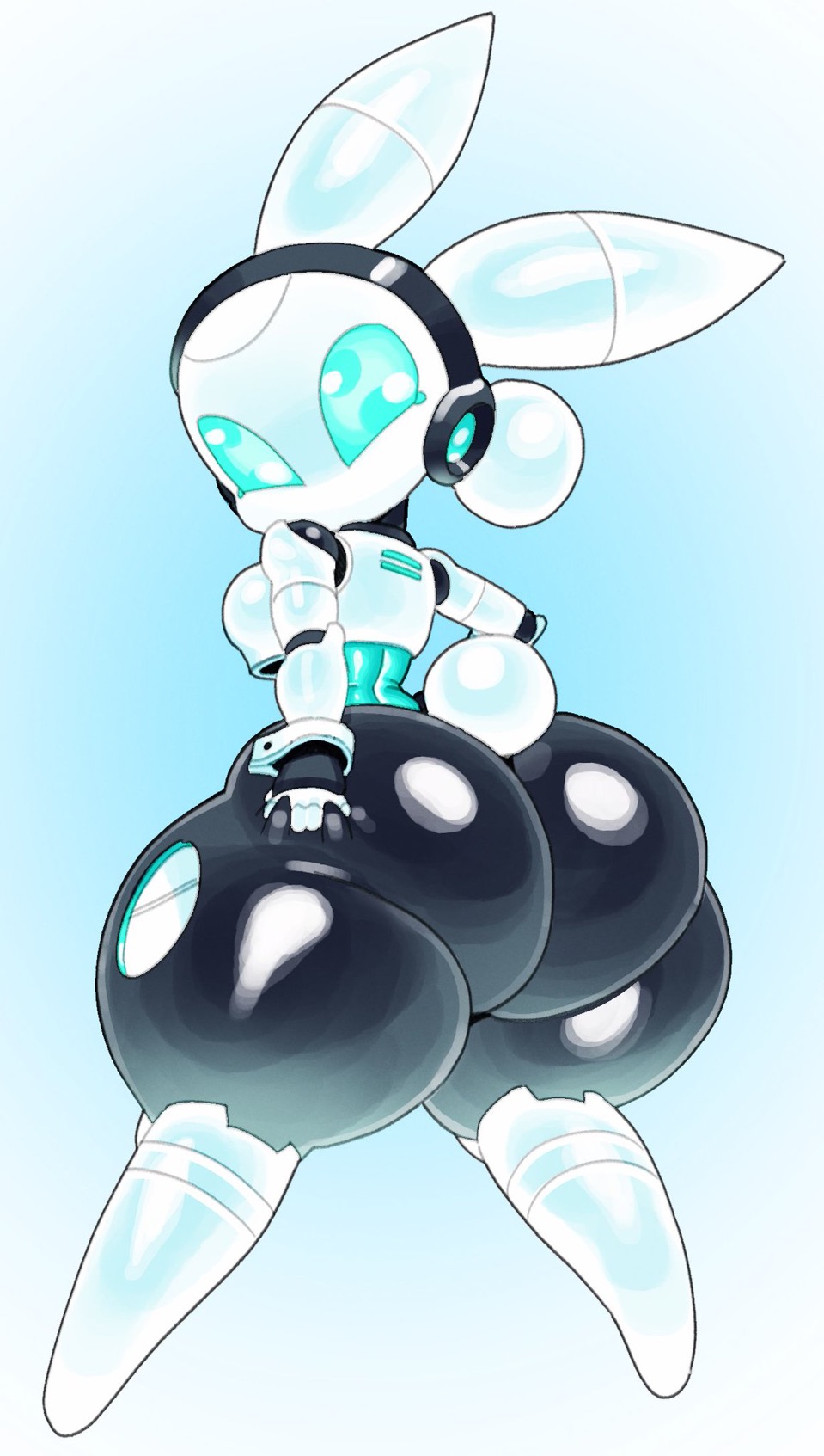 angstrom, ass, big ass, bunny tail, female, hand on ass, hand on butt, latex, looking at viewer, robot, robot girl, robot humanoid, shiny skin, shortstack, thick ass, thick thighs
