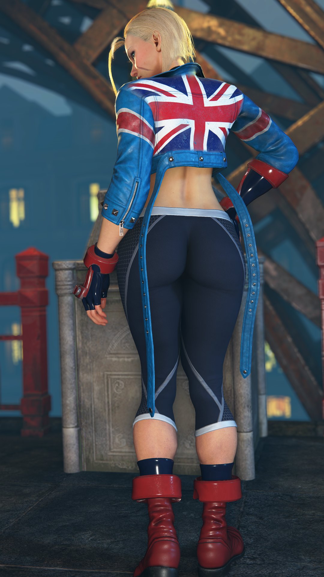 3d back_view bareback big_ass blonde_hair boots cammy_white cammy_white_(street_fighter_6) female female_focus female_only game_mod gloves human human_only ingame_model jacket leggings light-skinned_female light_skin sf_screenshot