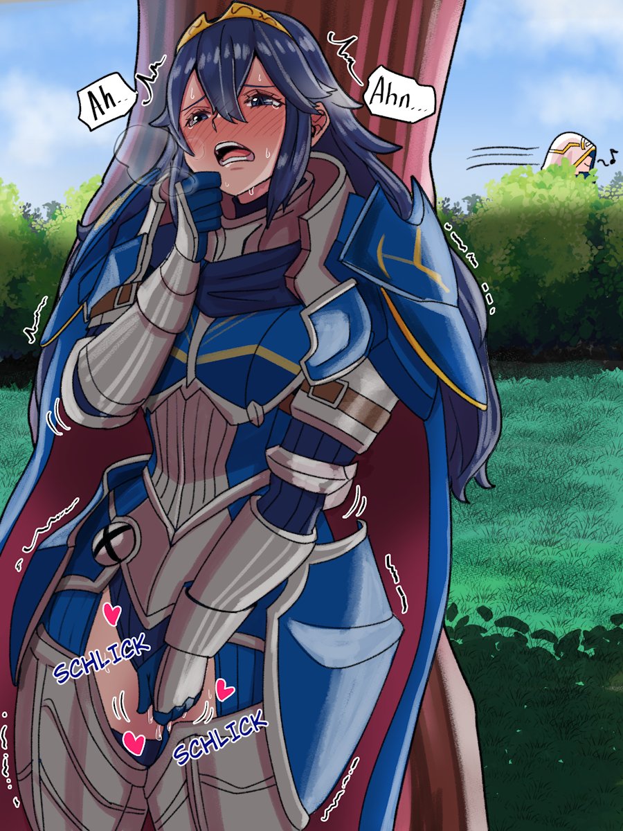 1girls armor blue_eyes blue_hair blush cape female fire_emblem fire_emblem_awakening fire_emblem_heroes hiding_behind_tree horny_female kiran_(fire_emblem) lucina_(fate's_resolve)_(fire_emblem) lucina_(fire_emblem) masturbation mnejing moaning nintendo open_mouth outdoors public_masturbation thigh_window tiara tree