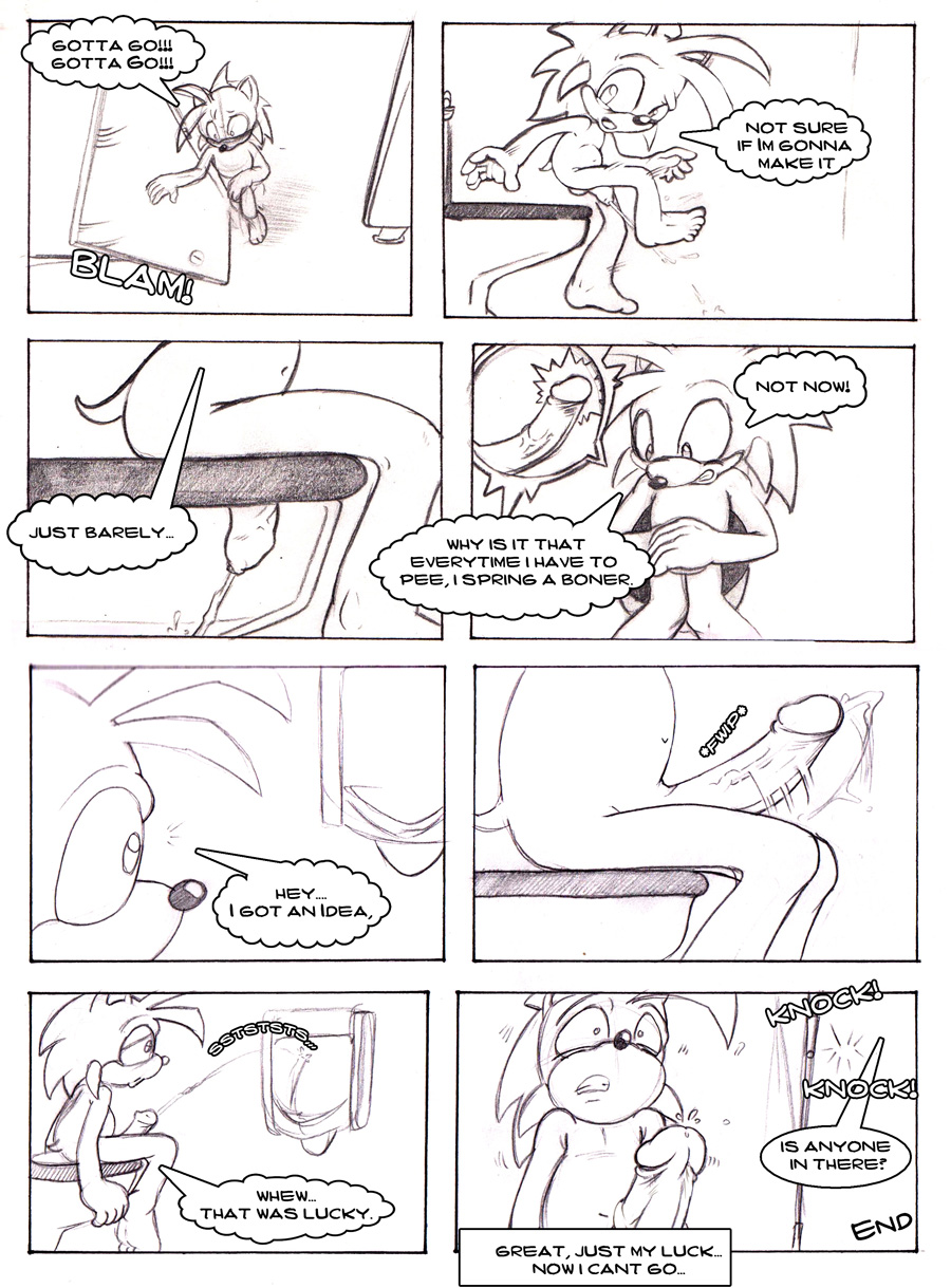 anthro big_penis comic english_text erection foreskin hi_res lief_(ahrakoonem) male neokat omorashi peeing penis running speech_bubble text toilet tradition urinal urine